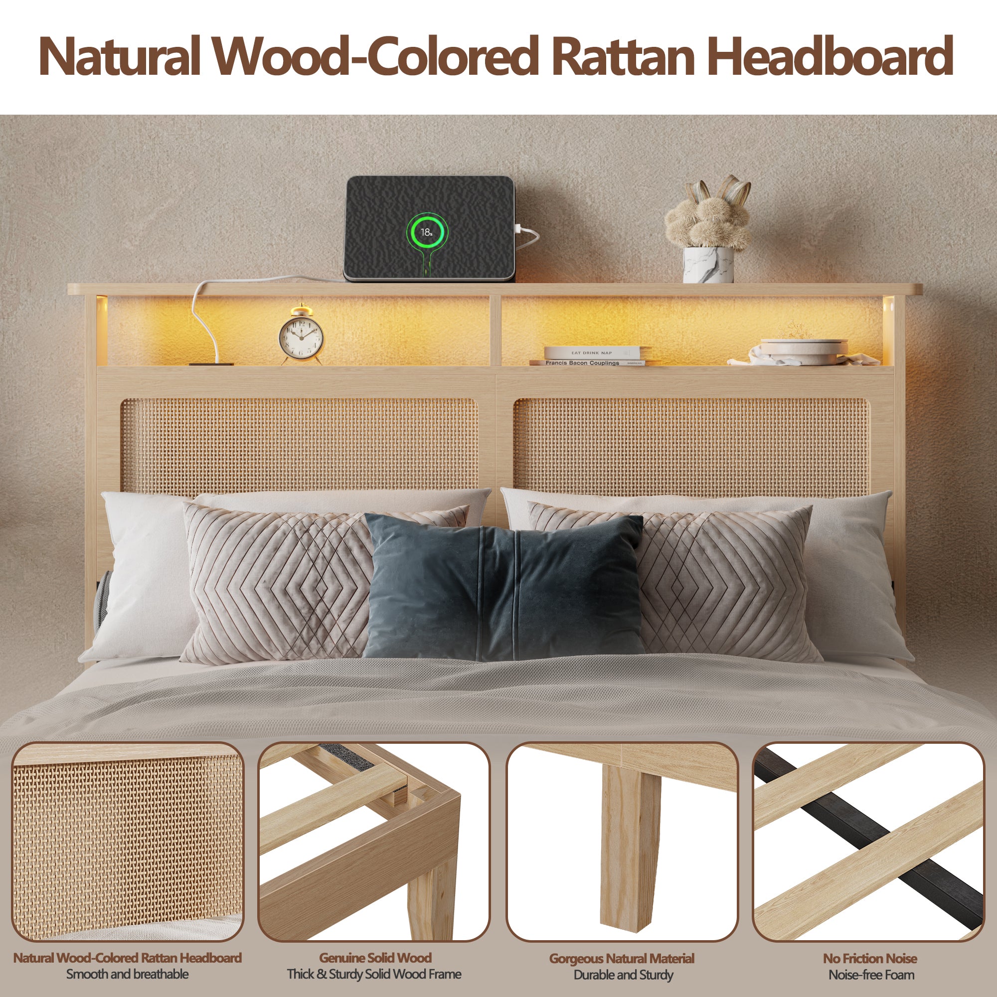 Qwatto Boho Rattan Full Bed Frame Natural Wood with LED Lights Charging Station Storage Headboard Platform Bed No Box Spring Modern Bedroom