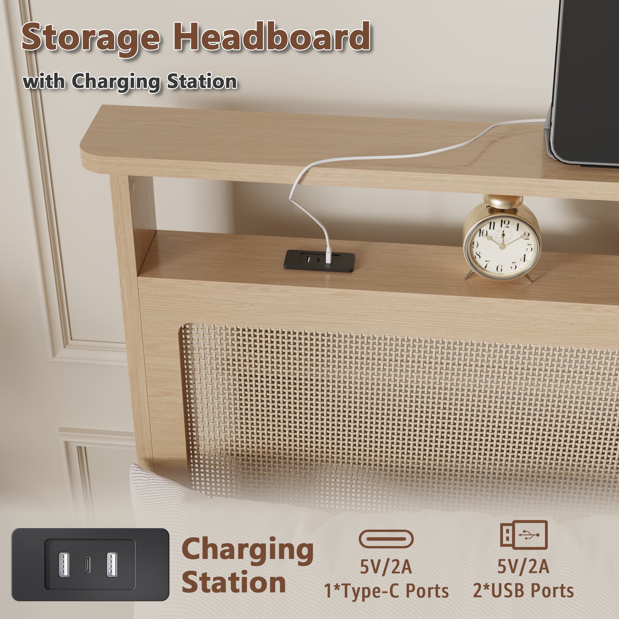 Qwatto Boho Rattan Full Bed Frame Natural Wood with LED Lights Charging Station Storage Headboard Platform Bed No Box Spring Modern Bedroom