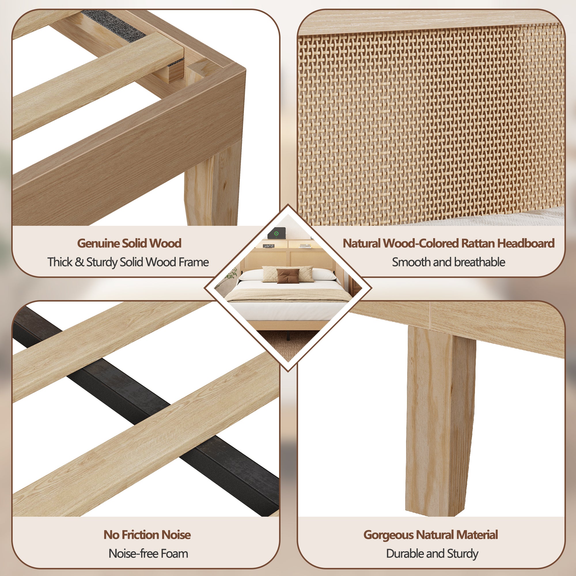 Queen Size Bed Frame Rattan Headboard with LED Lights and Charging Station Boho Bedframe with Storage Shelf and Under Bed Storage Solid Wood Support