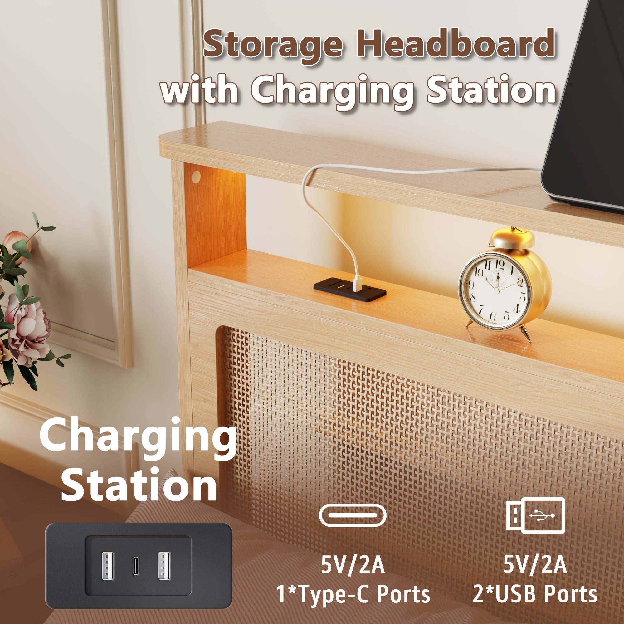 Boho Rattan Queen Bed Frame Natural Wood with LED Lights Charging Station Storage Headboard Platform Bed No Box Spring Modern Bedroom