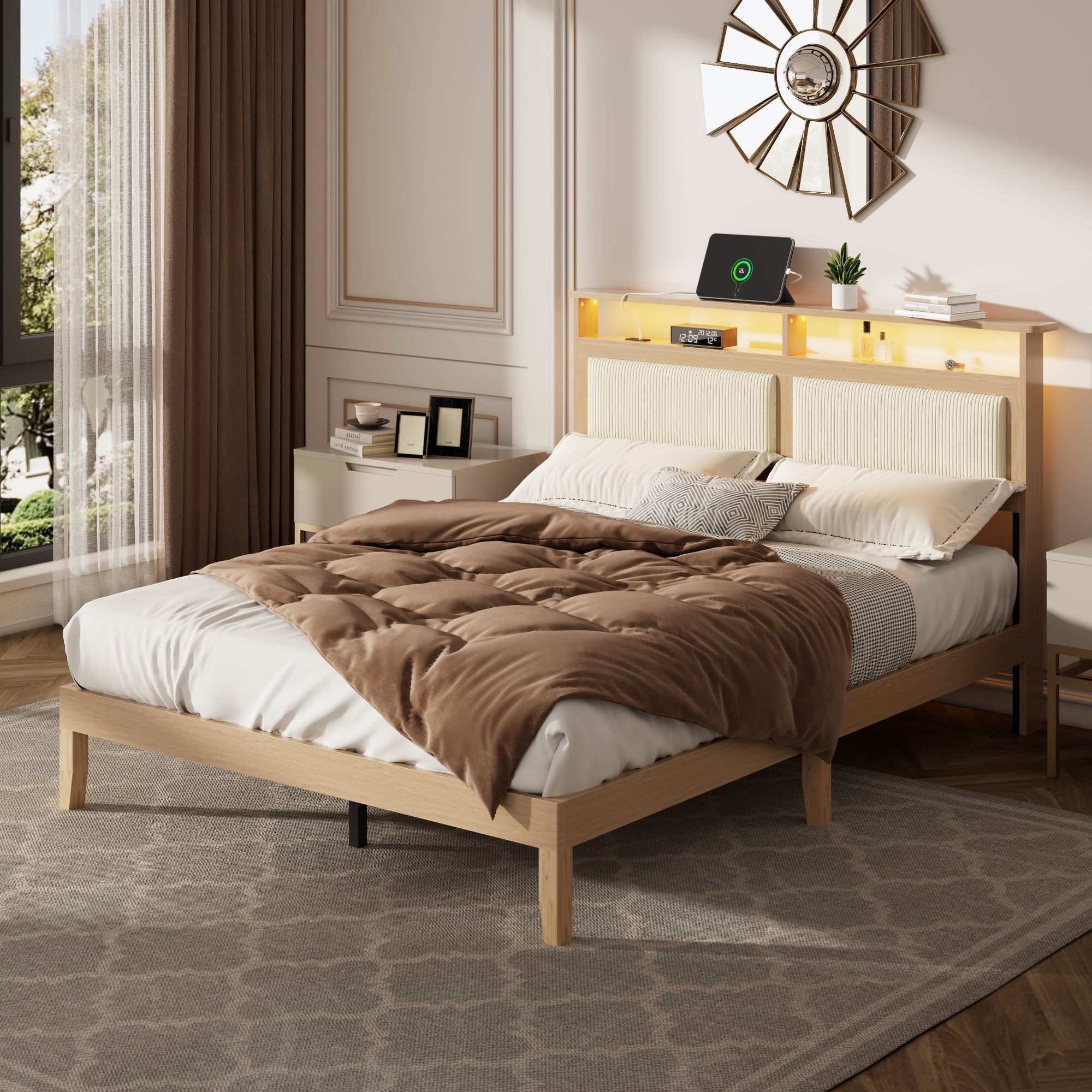 Queen Bed Frame with Headboard Upholstered Corduroy Bedframe with LED Lights and Charging Station Frame with Storage Shelf and Under Bed Storage