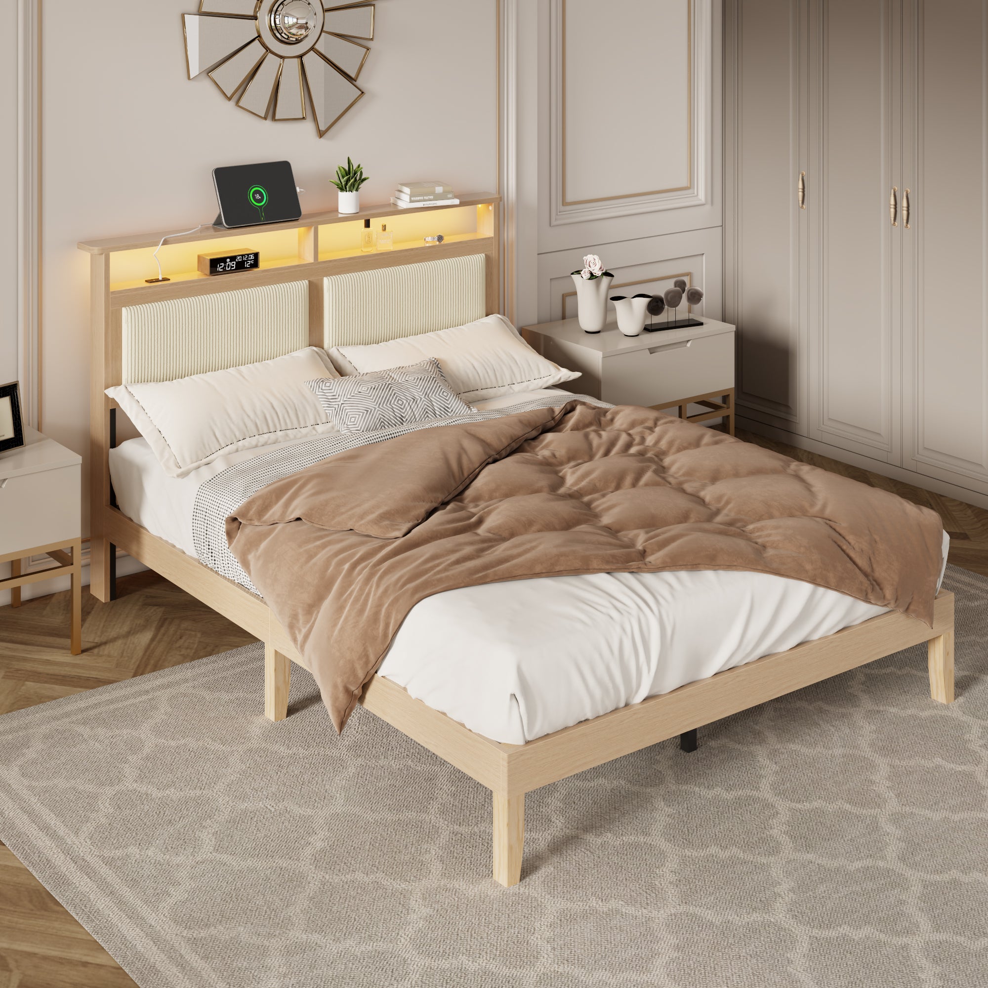Queen Bed Frame with Headboard Upholstered Corduroy Bedframe with LED Lights and Charging Station Frame with Storage Shelf and Under Bed Storage