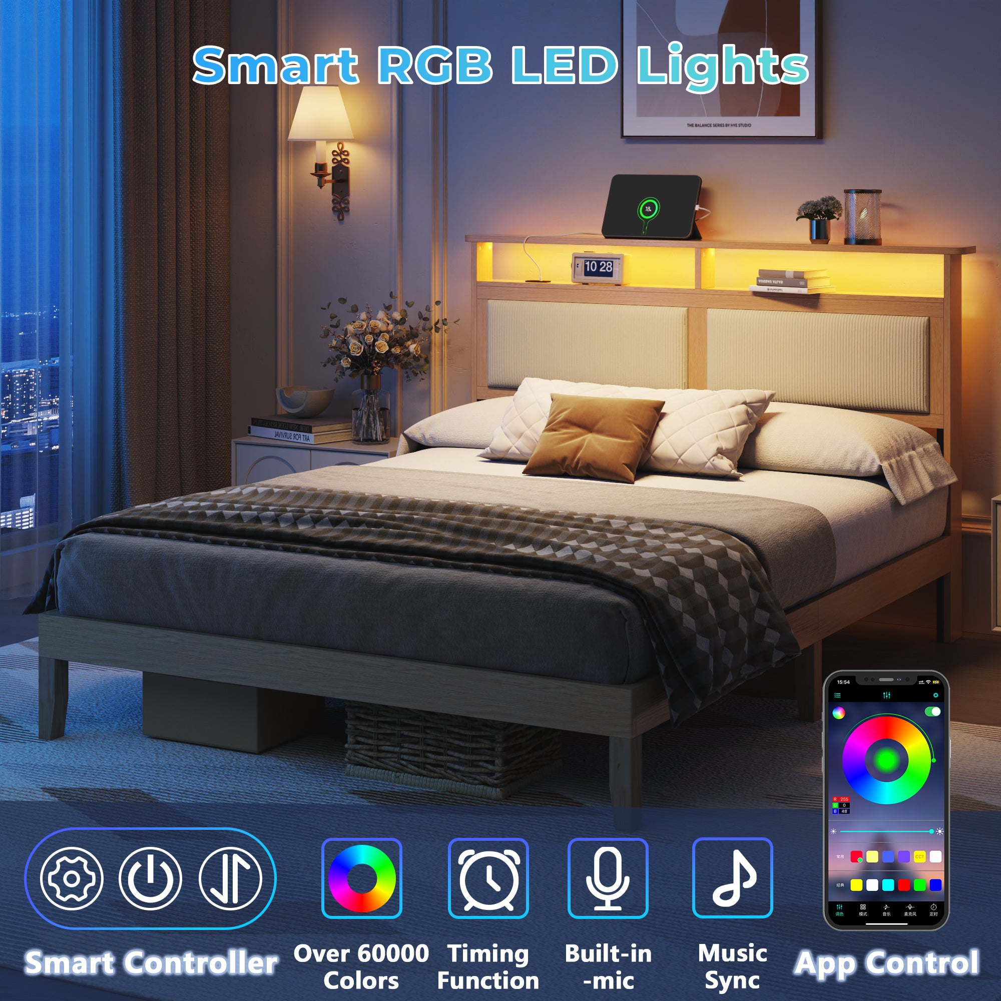 Queen Bed Frame with Headboard Upholstered Corduroy Bedframe with LED Lights and Charging Station Frame with Storage Shelf and Under Bed Storage