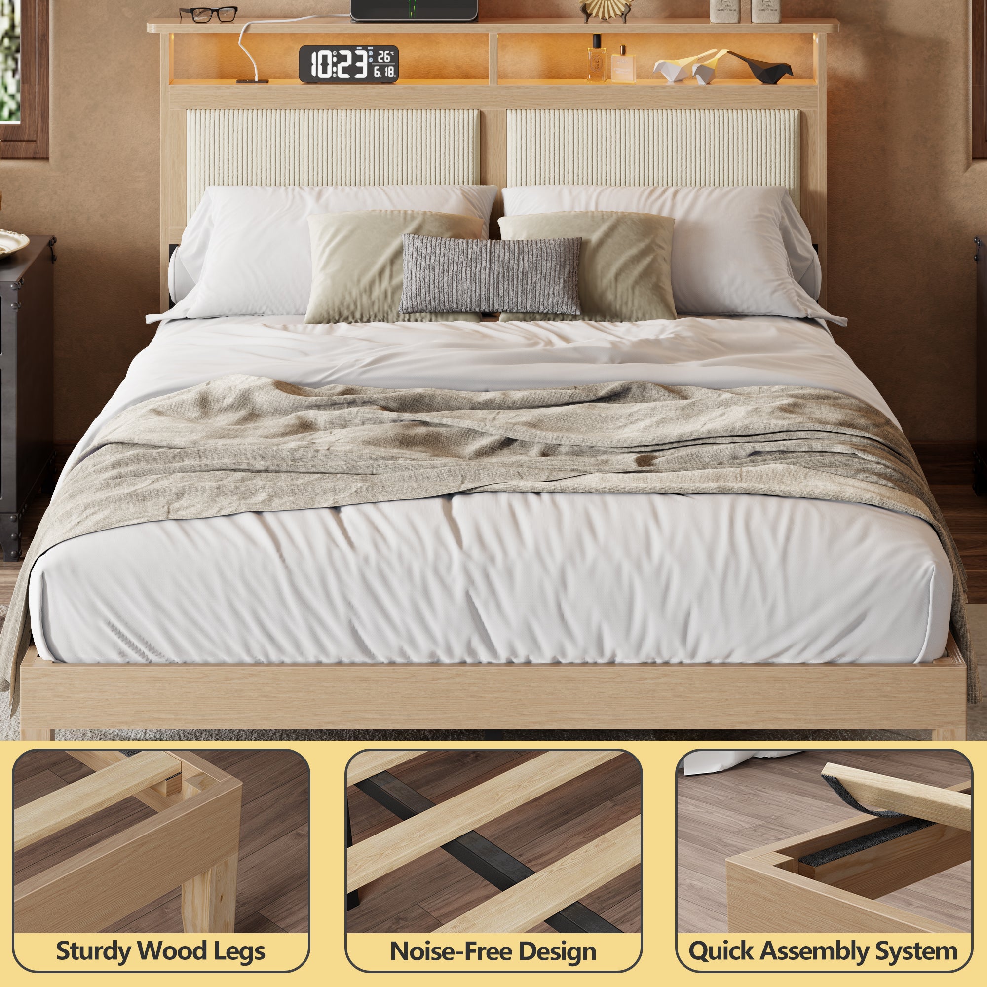 Furnulem Queen Bed Frame with Headboard Upholstered Corduroy Bedframe with LED Lights and Charging Station Frame with Storage Shelf，Solid Wood Support