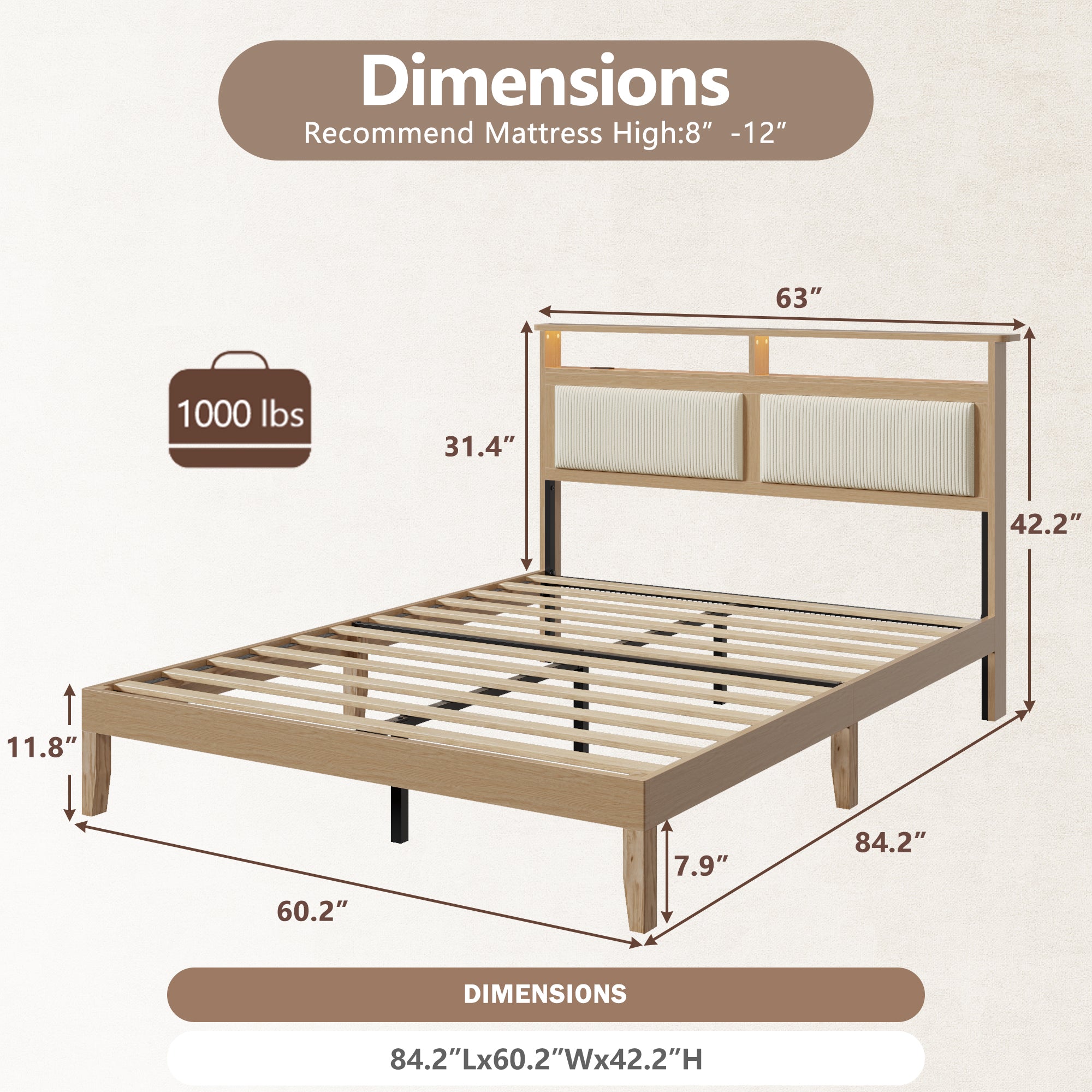 Queen Bed Frame with Headboard Upholstered Corduroy Bedframe with LED Lights and Charging Station Frame with Storage Shelf and Under Bed Storage