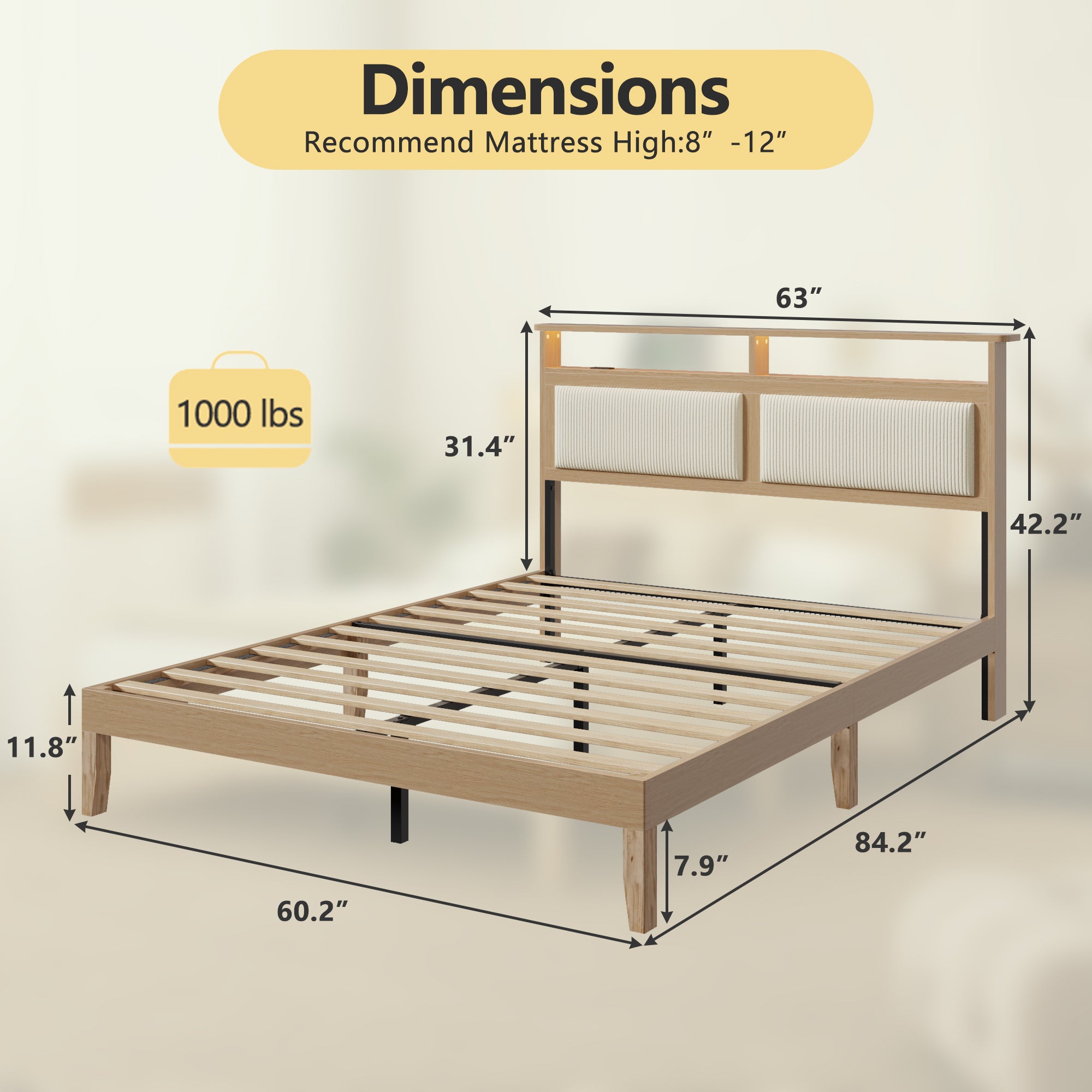 Furnulem Queen Bed Frame with Headboard Upholstered Corduroy Bedframe with LED Lights and Charging Station Frame with Storage Shelf，Solid Wood Support