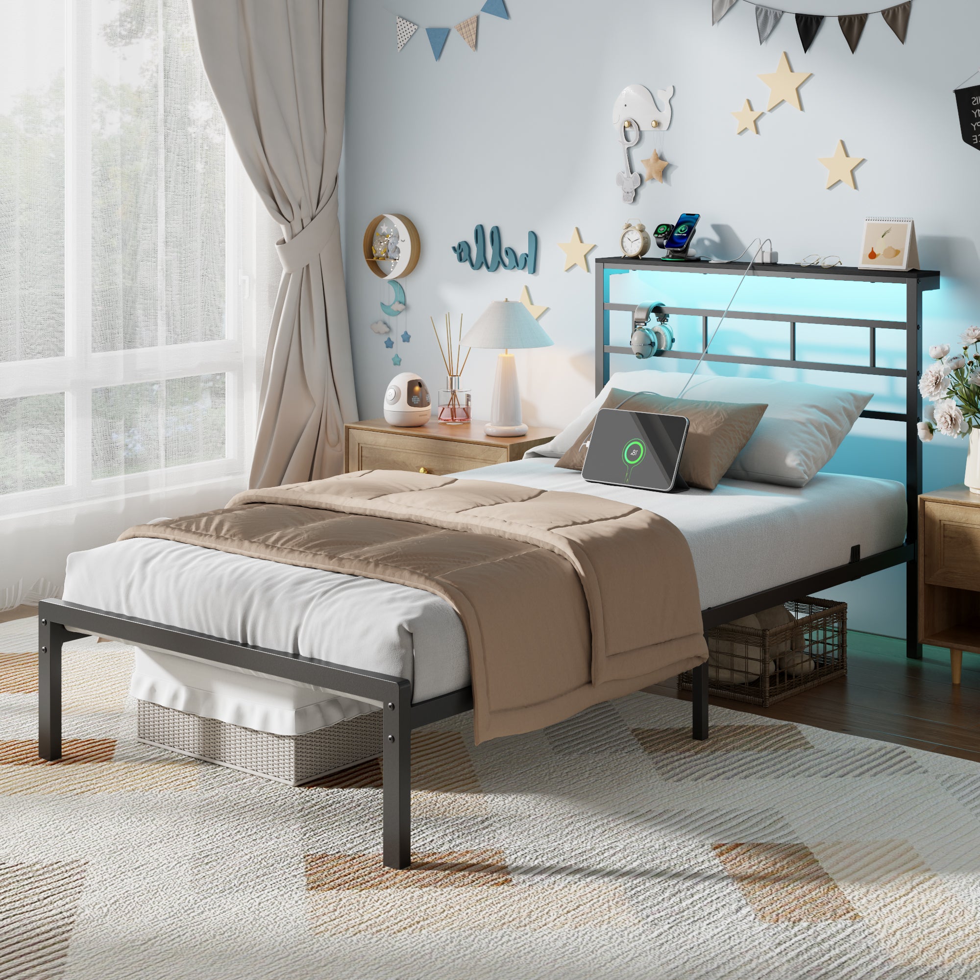Twin Bed Frames with Built-in Charging Station and LED Light, Metal Platform Bed with Headboard and Storage Shelf  Noise-Free