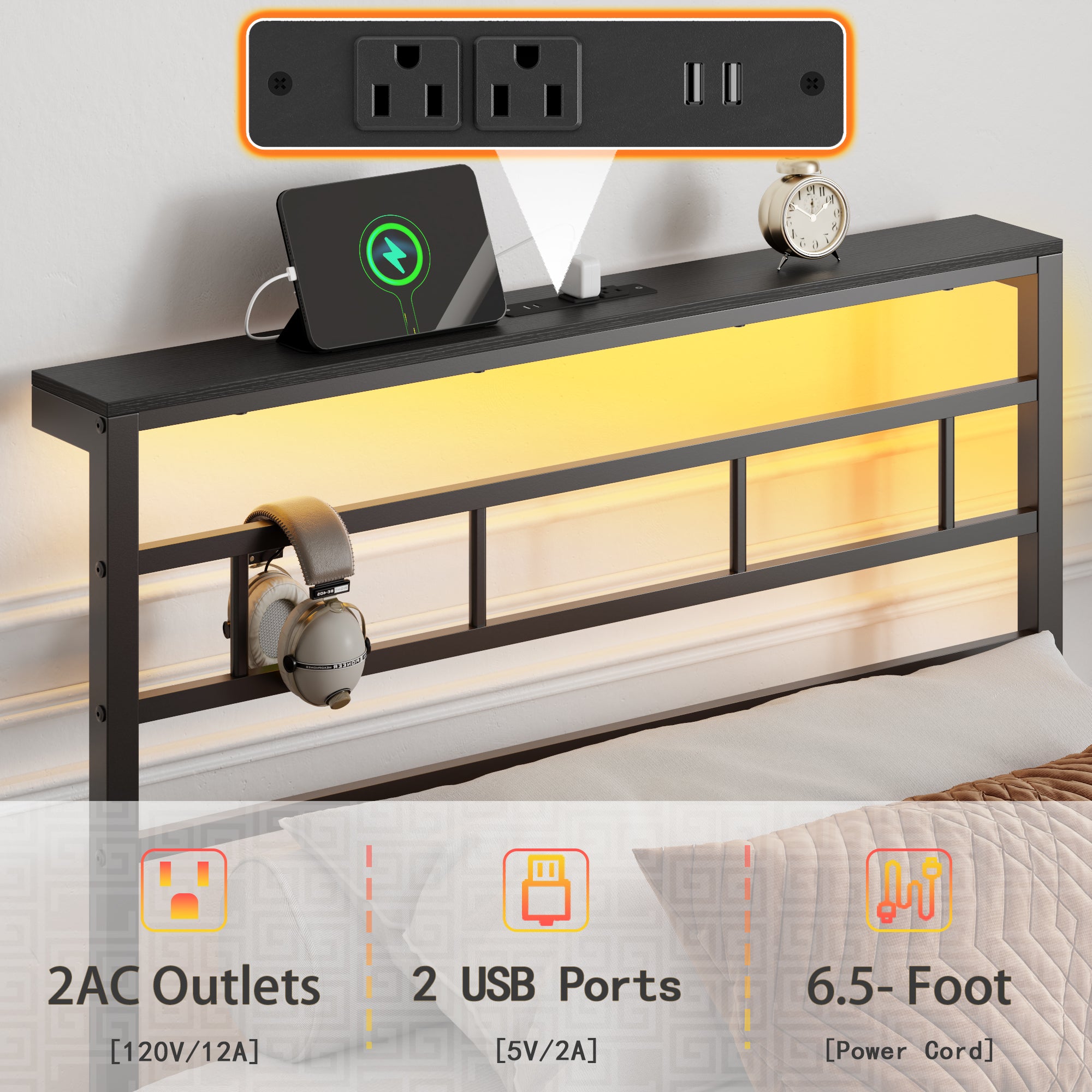 Twin Bed Frames with Built-in Charging Station and LED Light, Metal Platform Bed with Headboard and Storage Shelf  Noise-Free