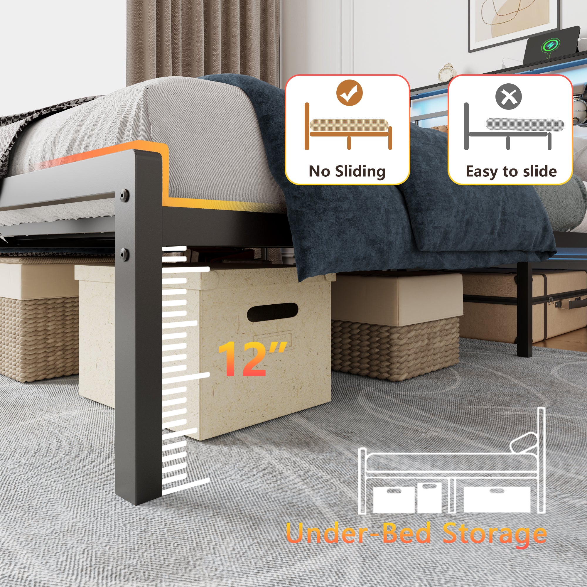 Twin Bed Frames with Built-in Charging Station and LED Light, Metal Platform Bed with Headboard and Storage Shelf  Noise-Free