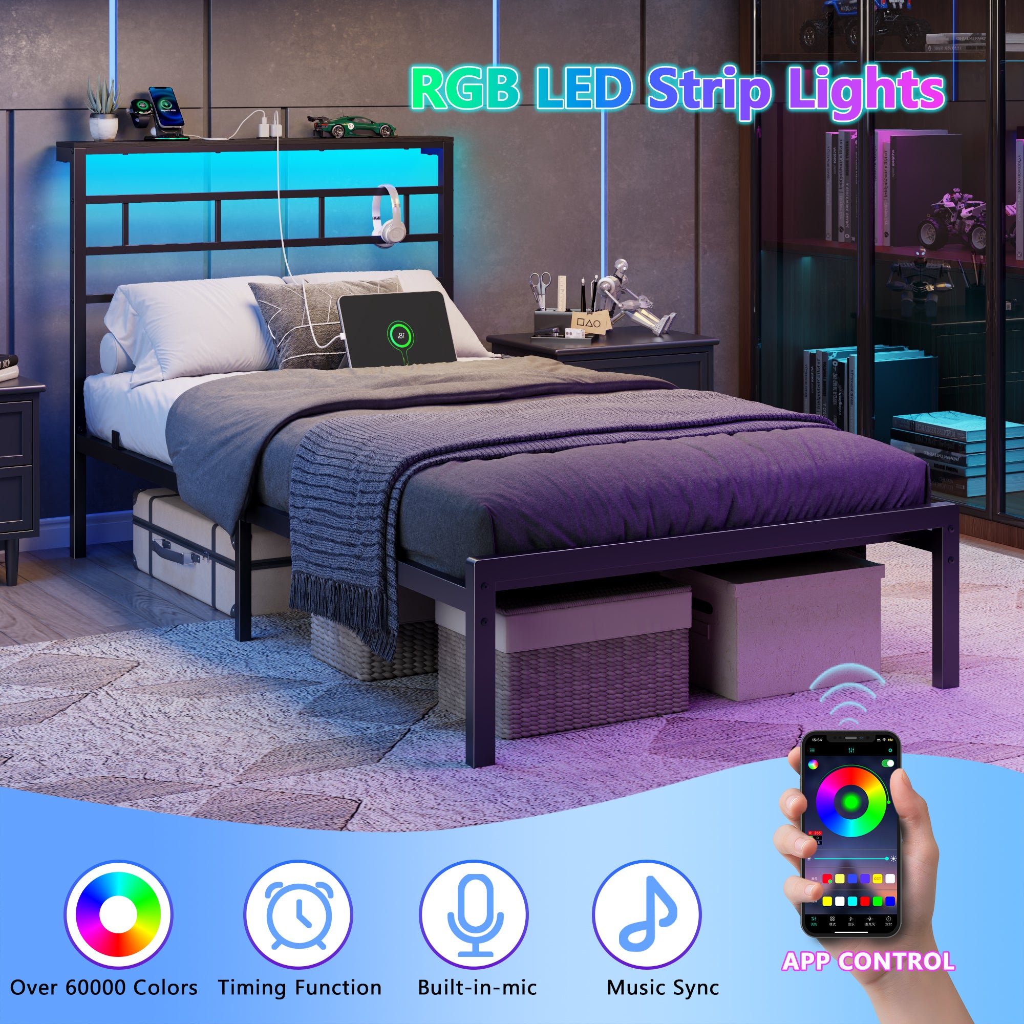 Twin Bed Frames with Built-in Charging Station and LED Light, Metal Platform Bed with Headboard and Storage Shelf  Noise-Free