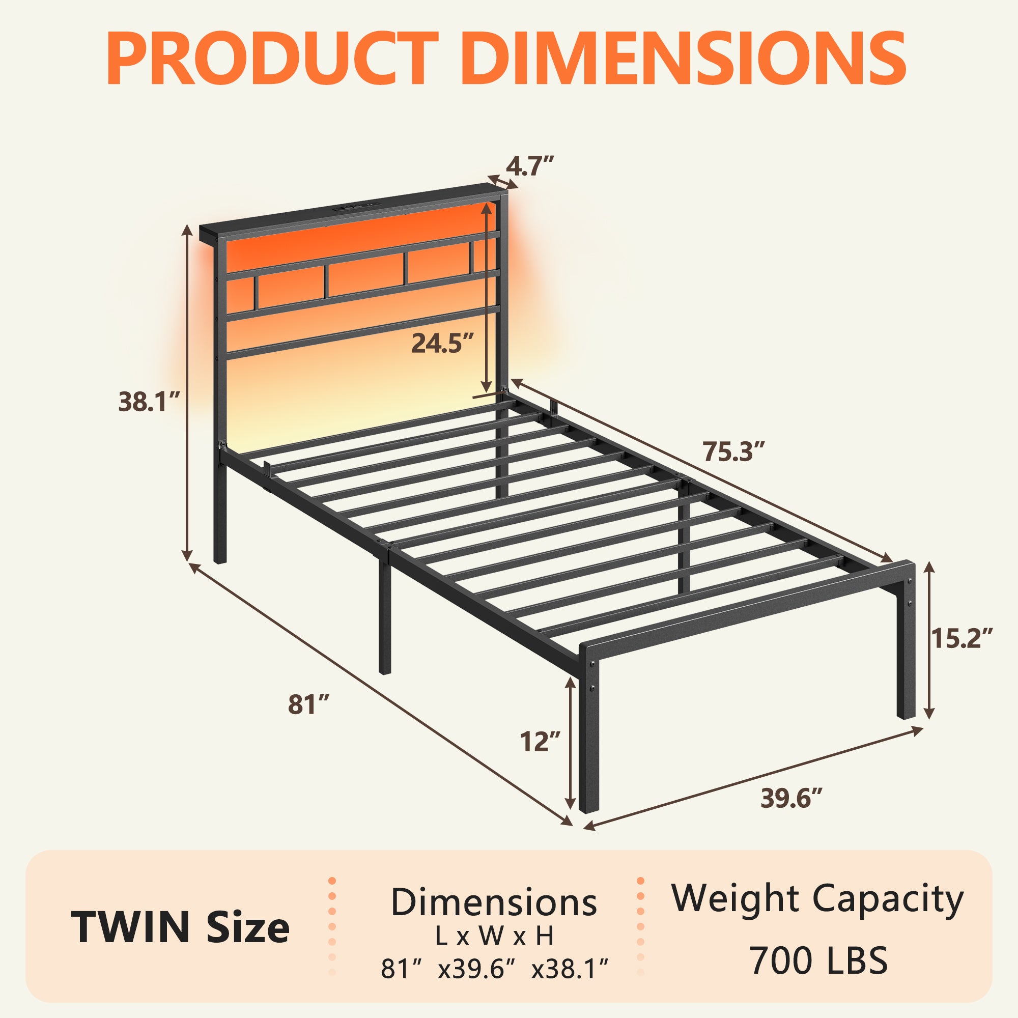 Twin Bed Frames with Built-in Charging Station and LED Light, Metal Platform Bed with Headboard and Storage Shelf  Noise-Free