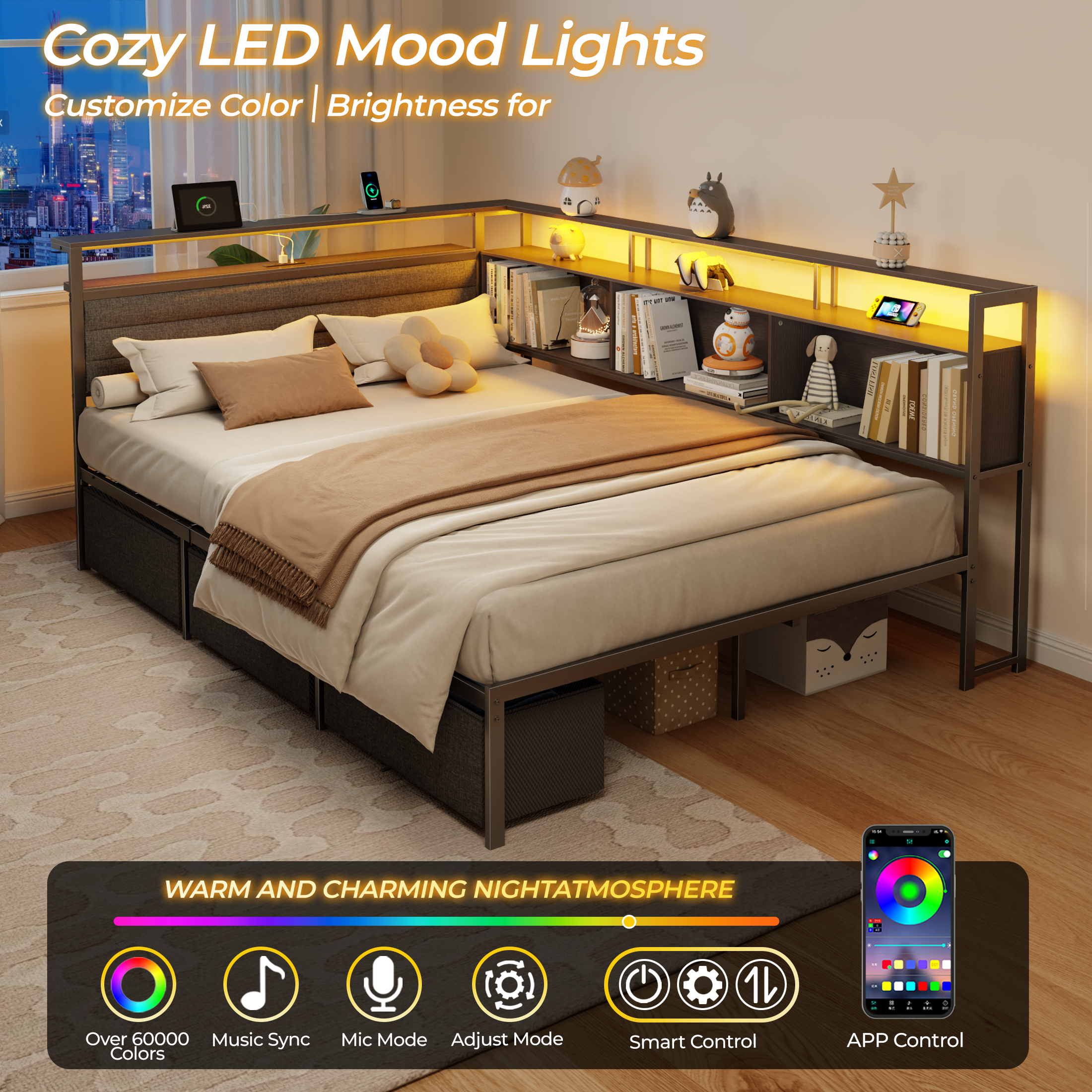 Furnulem Full Size Bed Frame with Headboard and Storage Drawers  Full Metal Platform Corner Bed Frame with Charging Station and LED Lights