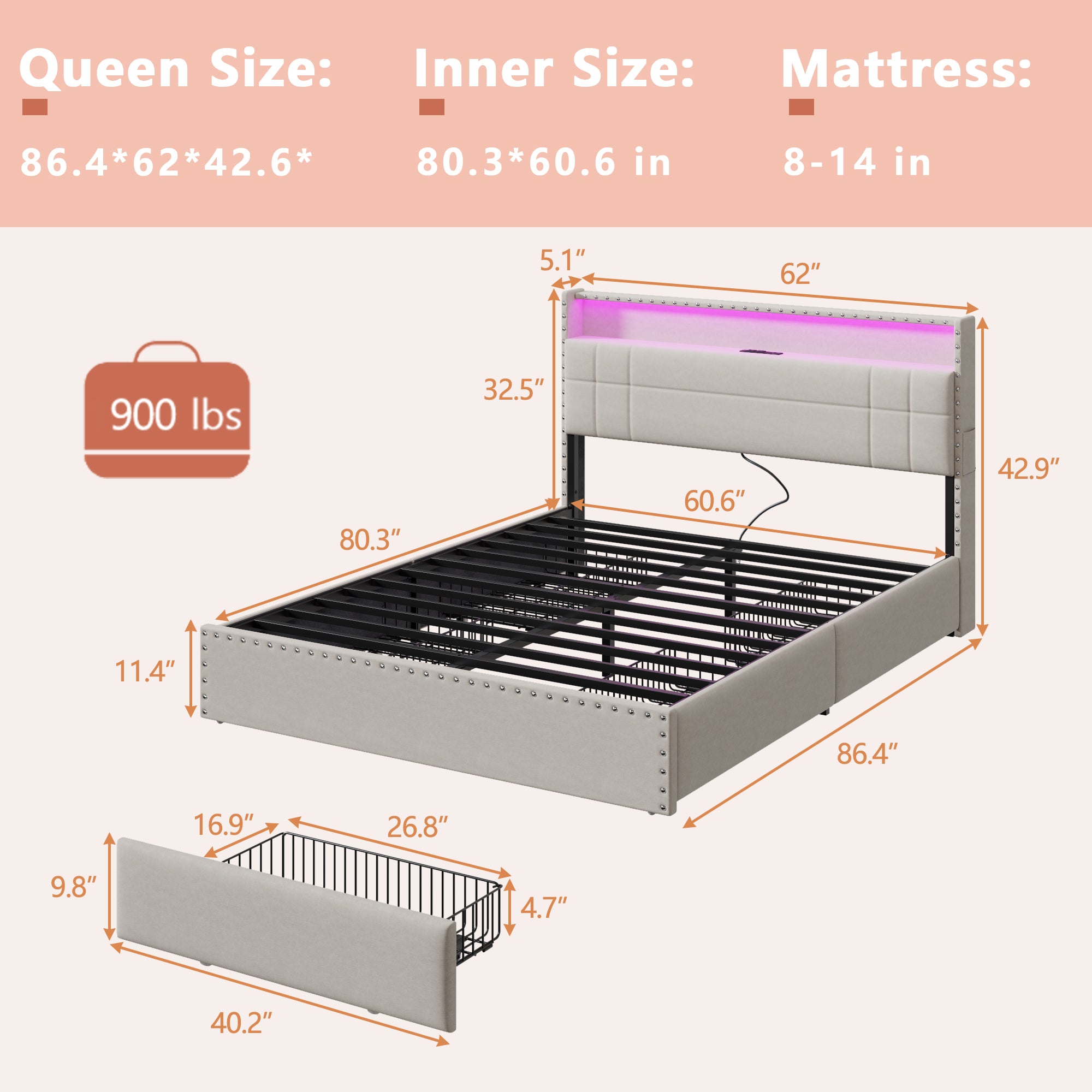 Furnulem Queen Bed Frame with Headboard Upholstered Platform Bed with 4 Storage Drawers Built-in LED Lights Charging Station Metal Slats Support Beige