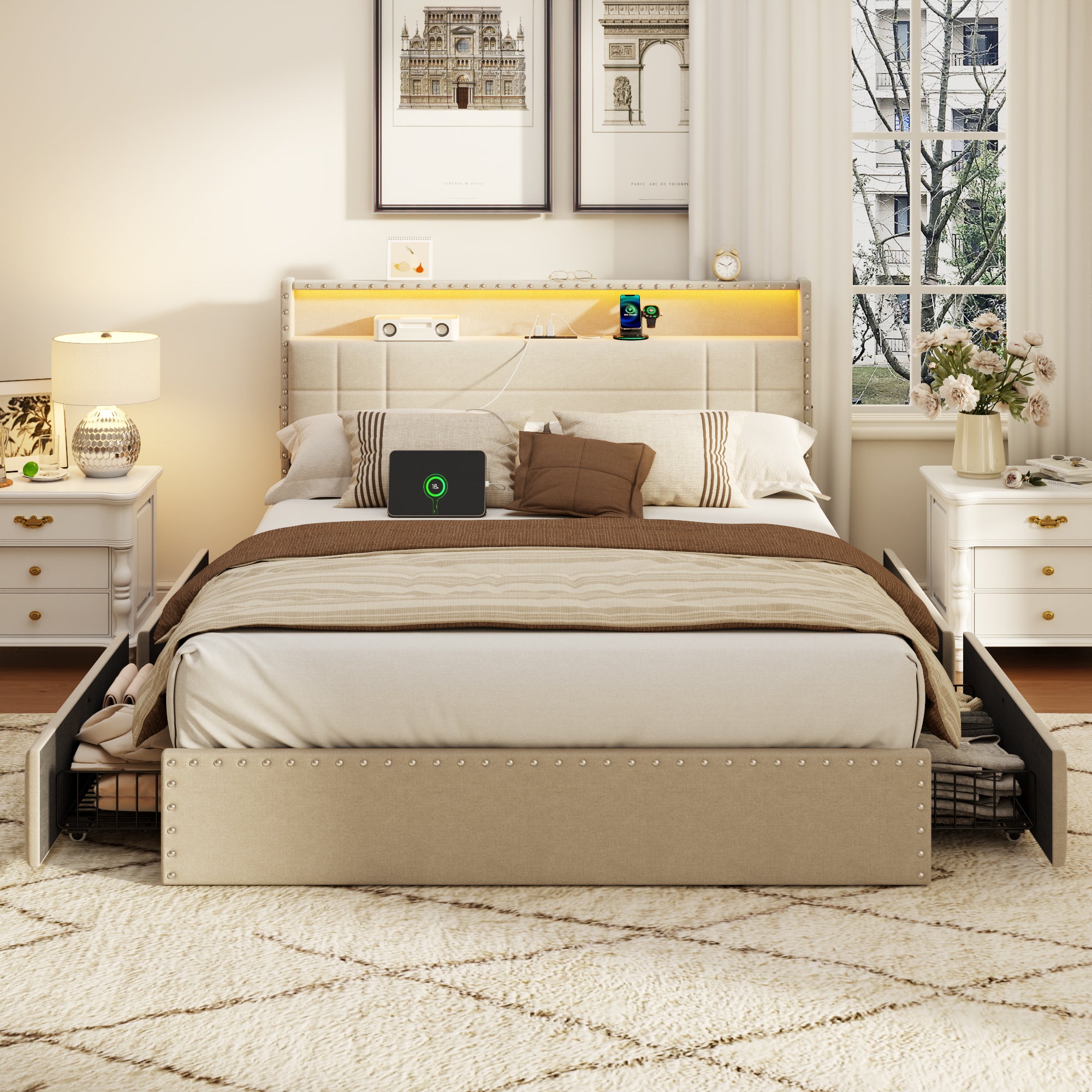 Furnulem Queen Bed Frame with Headboard Upholstered Platform Bed with 4 Storage Drawers Built-in LED Lights Charging Station Metal Slats Support Beige