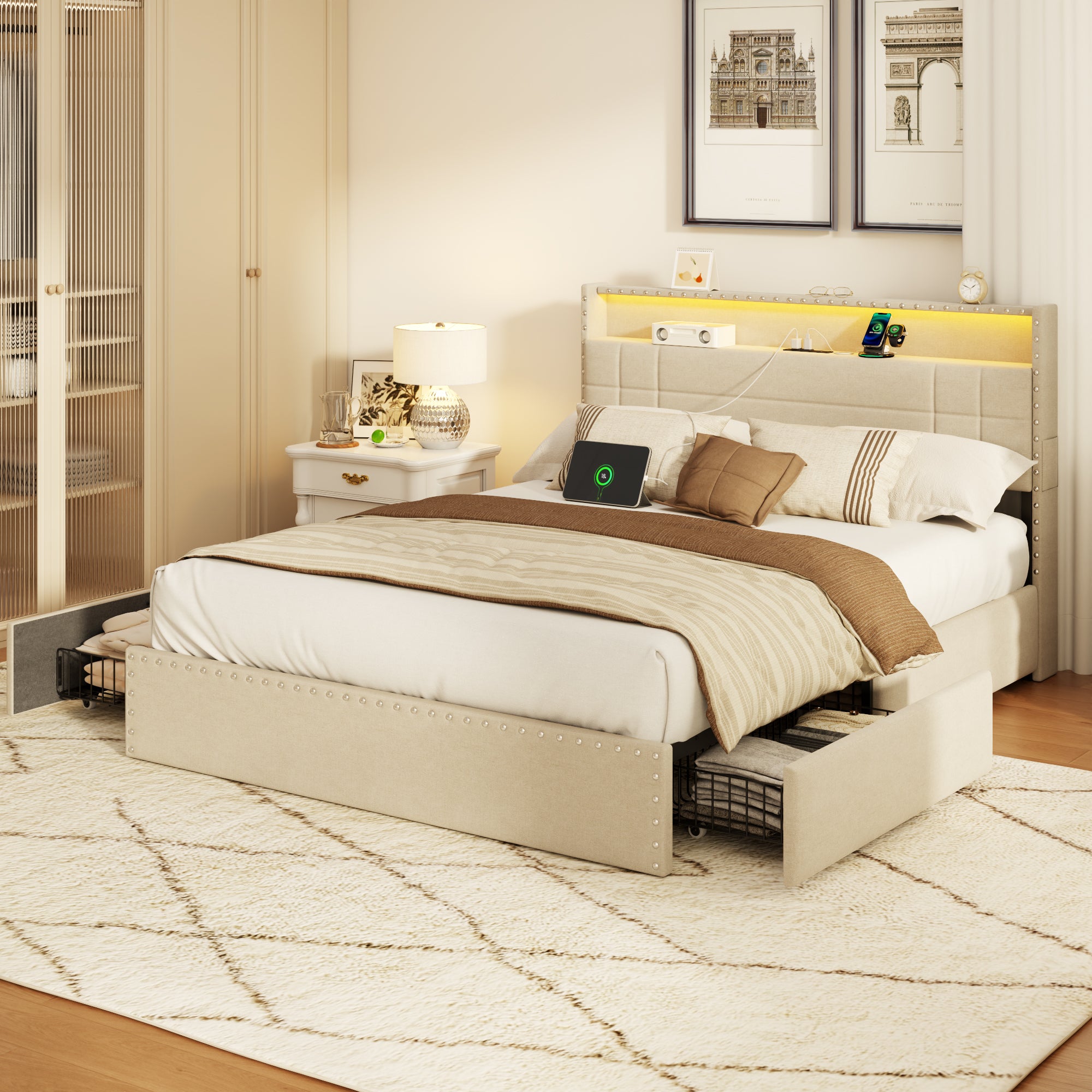 Furnulem Queen Bed Frame with Headboard Upholstered Platform Bed with 4 Storage Drawers Built-in LED Lights Charging Station Metal Slats Support Beige