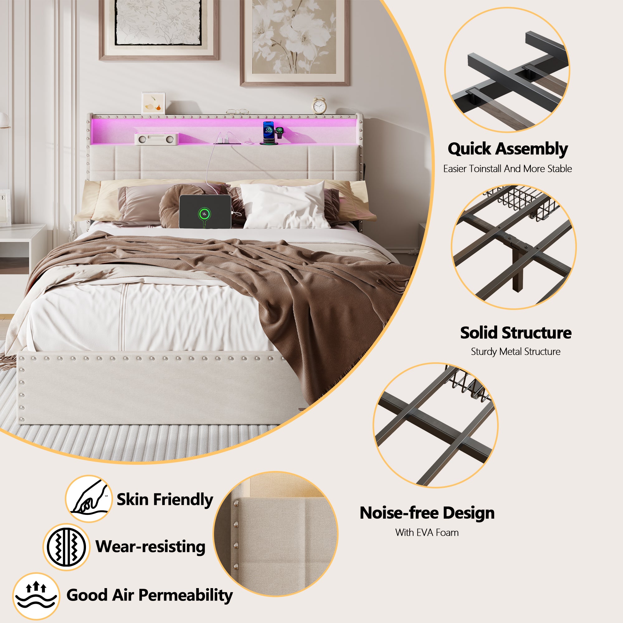 Modern Queen Bed Frame with Charging Station 4 Storage Drawers LED Lights Beige Upholstered Platform Headboard Metal Slats No Box Spring USB