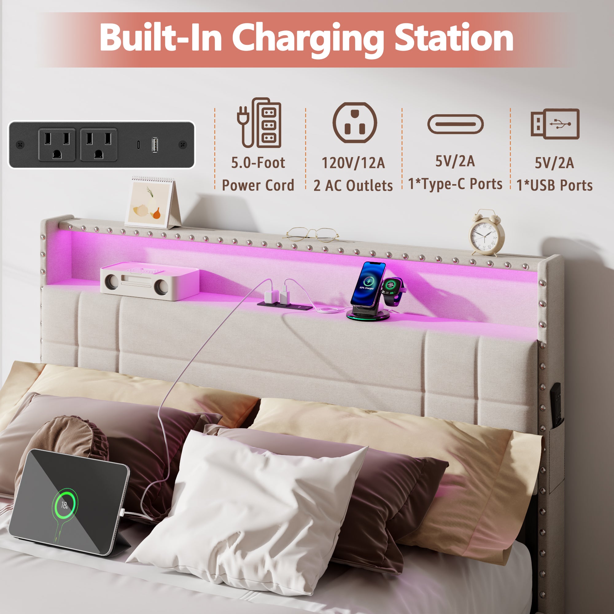 Modern Full Bed Frame with Charging Station 4 Storage Drawers LED Lights Beige Upholstered Platform Headboard Metal Slats No Box Spring USB