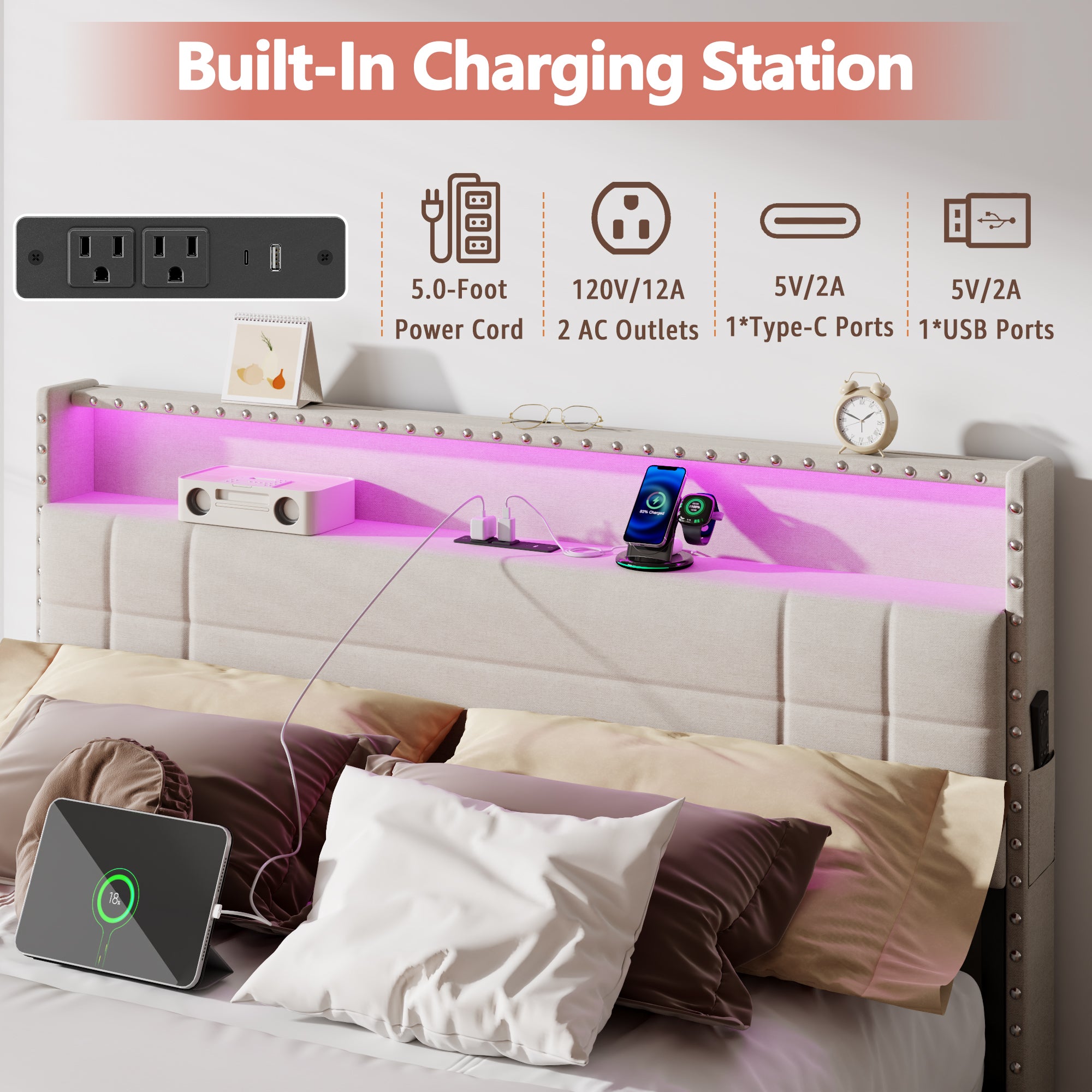 Furnulem Queen Bed Frame with Headboard Upholstered Platform Bed with 4 Storage Drawers Built-in LED Lights Charging Station Metal Slats Support Beige