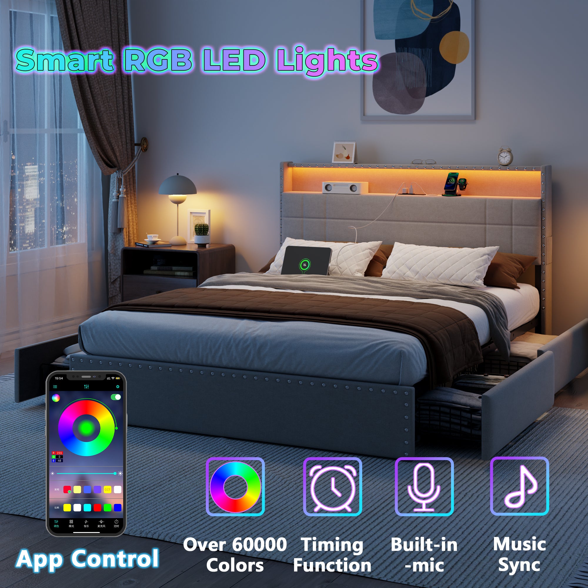 Modern Queen Bed Frame with Charging Station 4 Storage Drawers LED Lights Beige Upholstered Platform Headboard Metal Slats No Box Spring USB