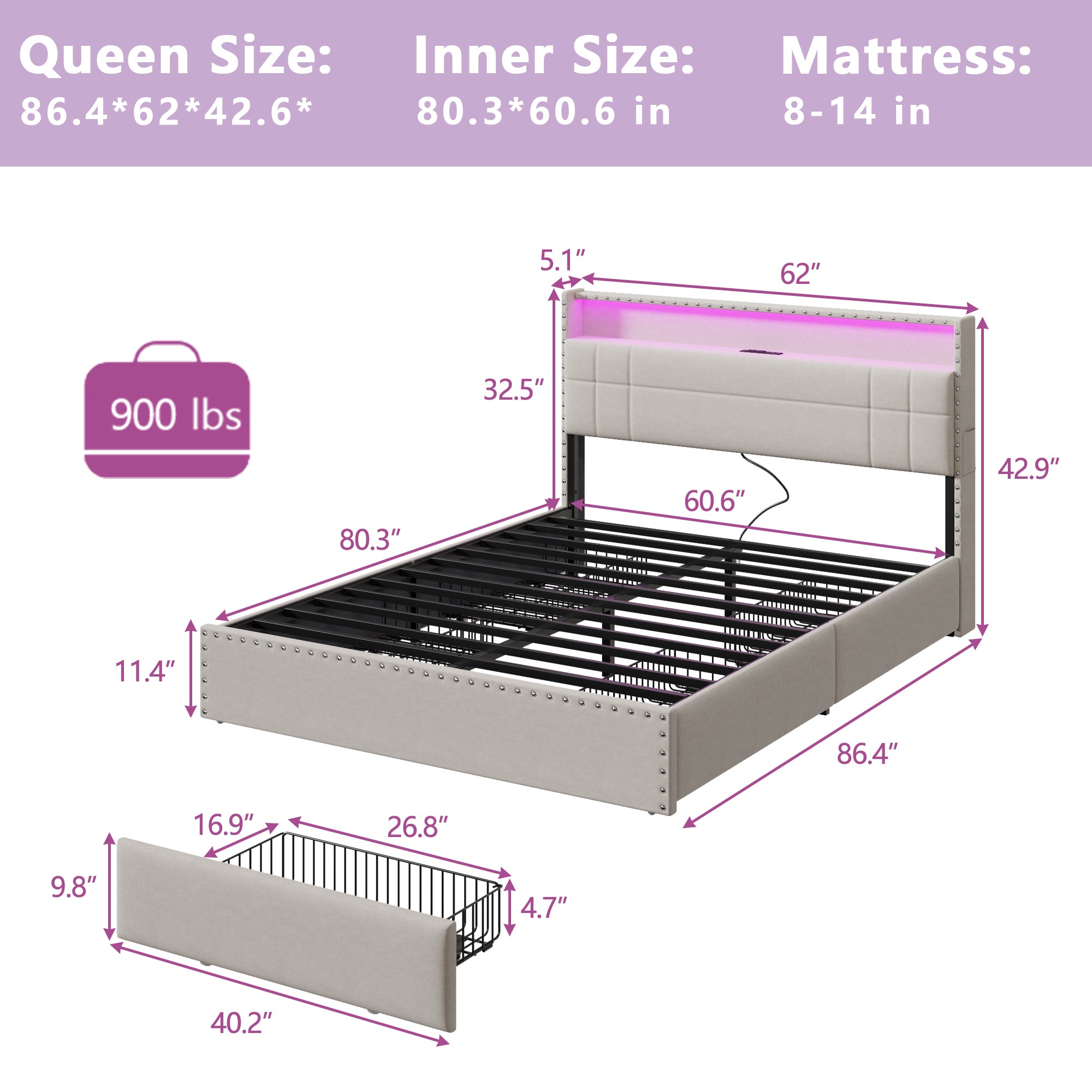 Modern Queen Bed Frame with Charging Station 4 Storage Drawers LED Lights Beige Upholstered Platform Headboard Metal Slats No Box Spring USB