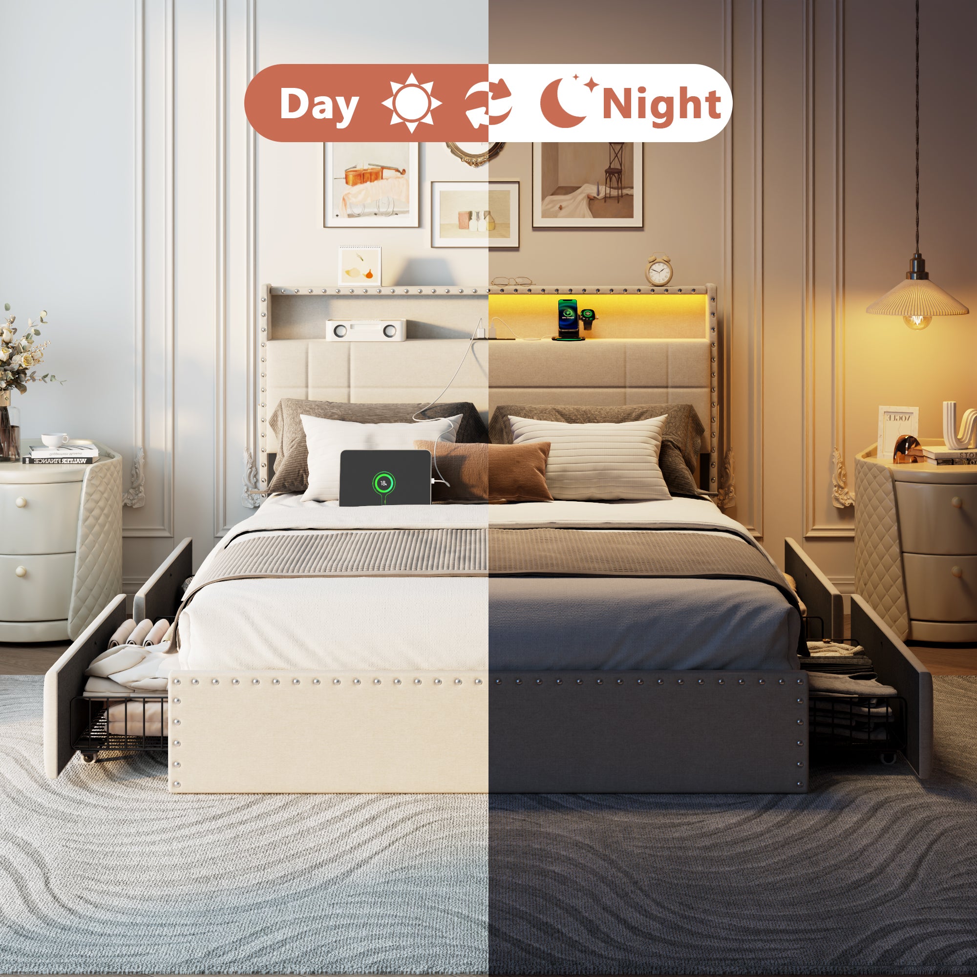 Modern Full Bed Frame with Charging Station 4 Storage Drawers LED Lights Beige Upholstered Platform Headboard Metal Slats No Box Spring USB