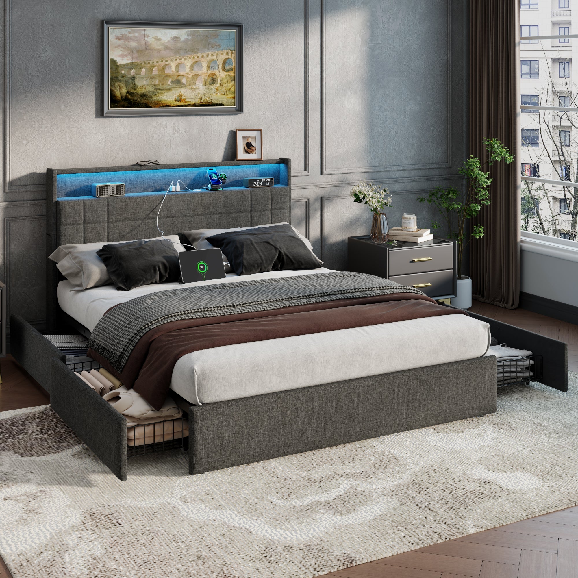 Furnulem Queen Bed Frame with Headboard Grey Upholstered Platform Bed with 4 Storage Drawers Built-in LED Lights Charging Station Metal Slats Support