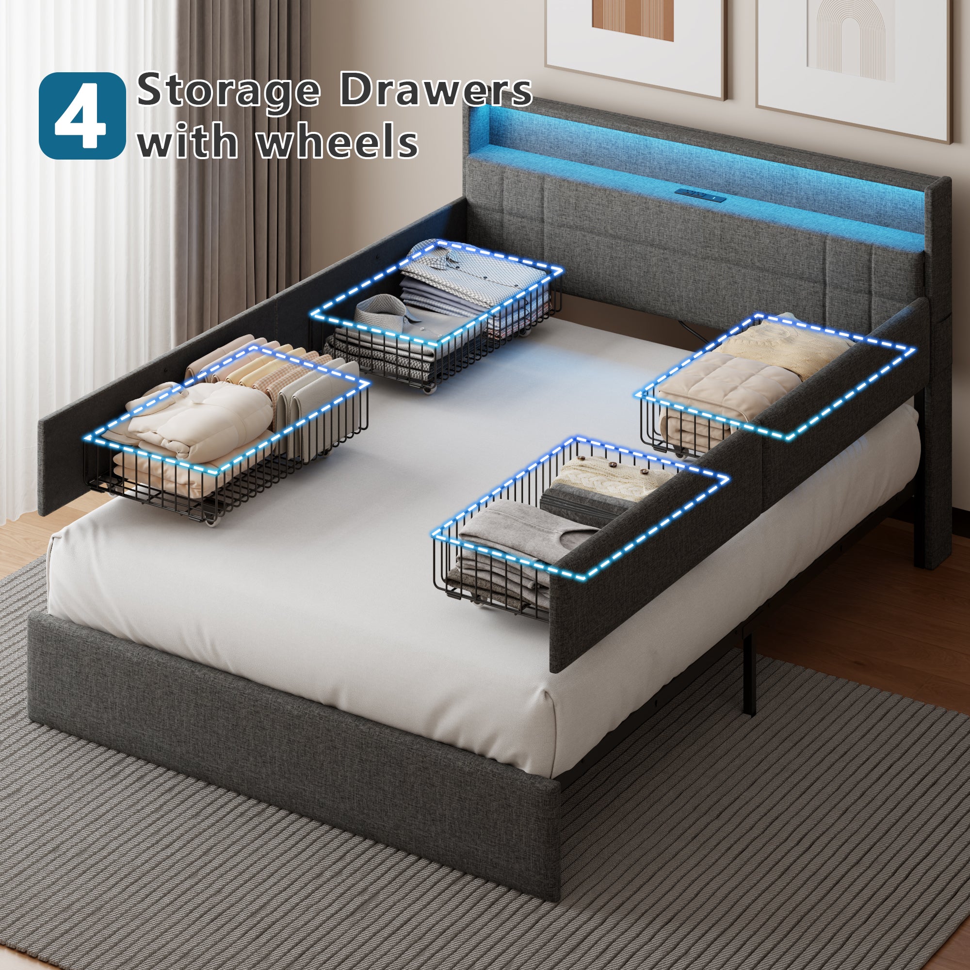 Furnulem Queen Bed Frame with Headboard Grey Upholstered Platform Bed with 4 Storage Drawers Built-in LED Lights Charging Station Metal Slats Support