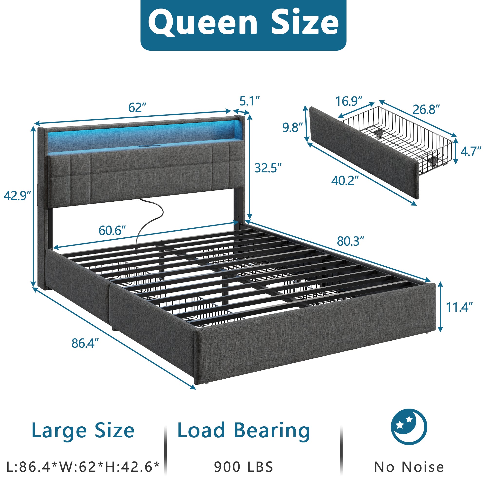 Furnulem Queen Bed Frame with Headboard Grey Upholstered Platform Bed with 4 Storage Drawers Built-in LED Lights Charging Station Metal Slats Support