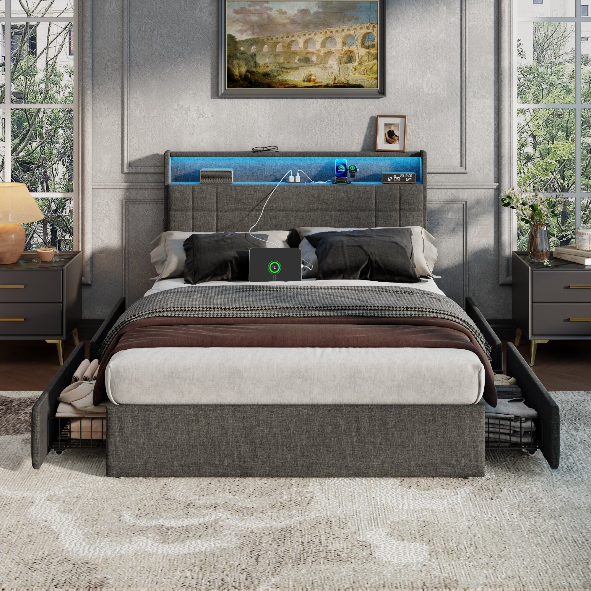 Gray Full Size Upholstered Bed Frame 4 Storage Drawers LED Lights Charging Station Headboard Heavy Duty Platform No Box Spring Needed
