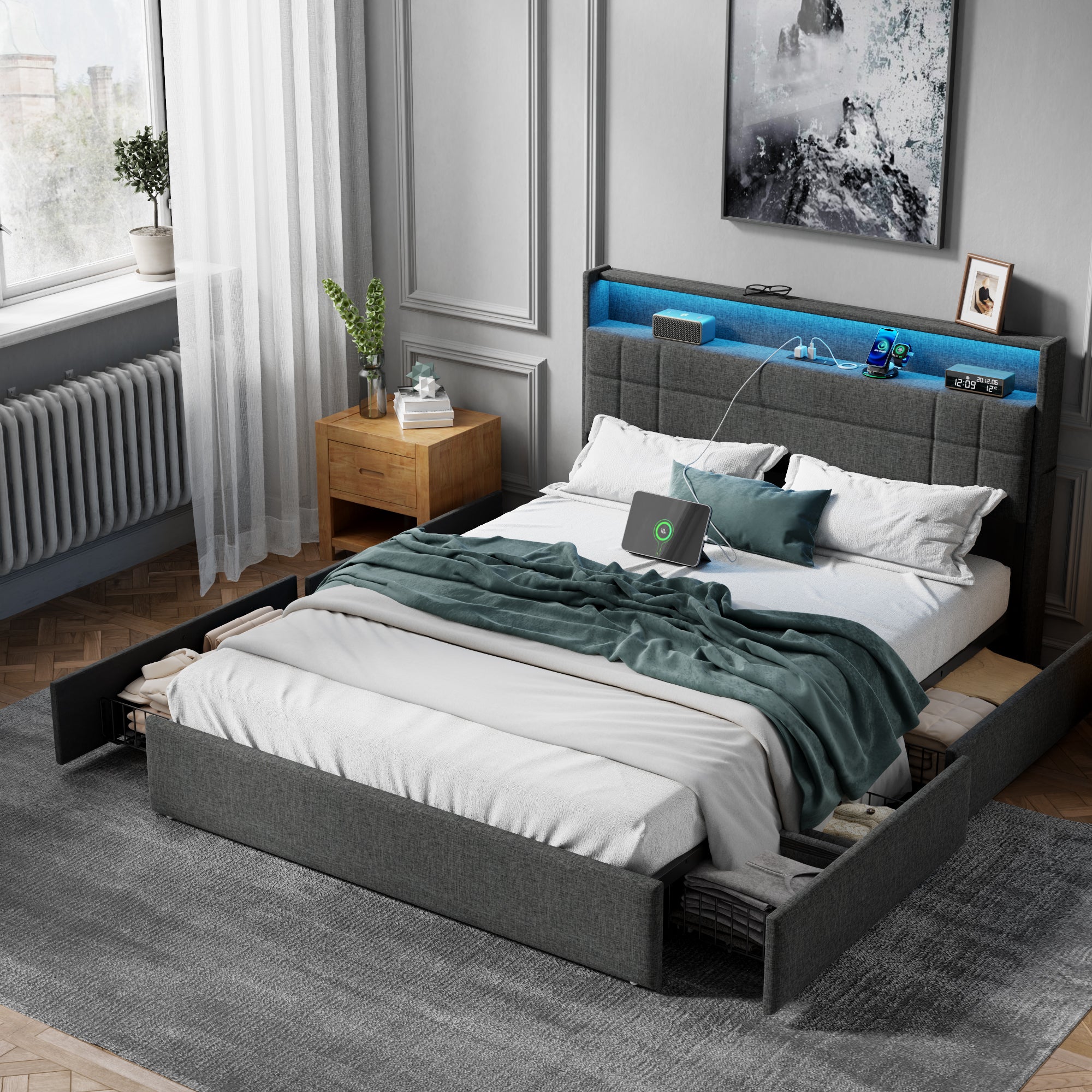 Modern Queen Bed Frame with Charging Station LED Lights 4 Storage Drawers Gray Upholstered Headboard Metal Slats No Box Spring Needed