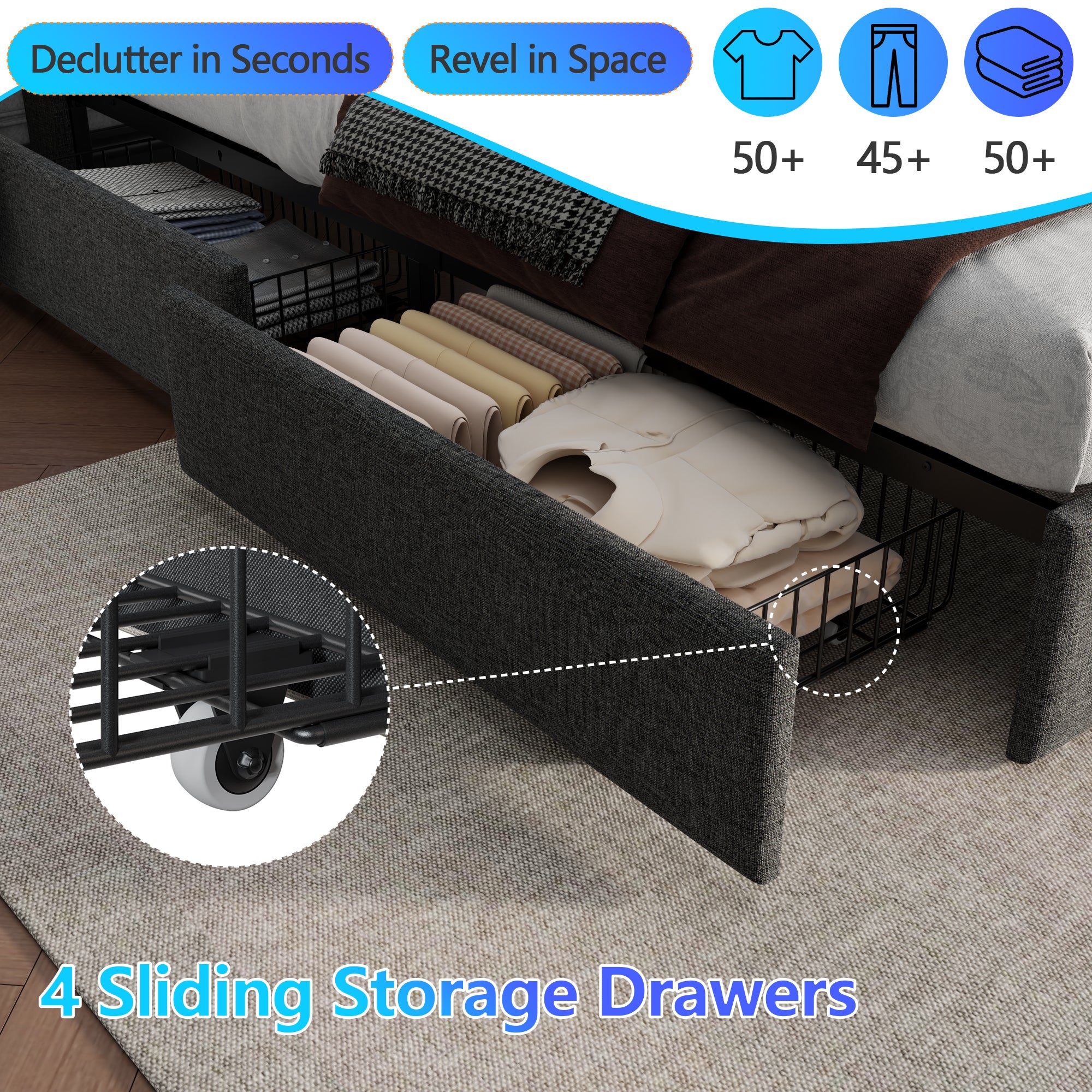 Furnulem Queen Bed Frame with Headboard Grey Upholstered Platform Bed with 4 Storage Drawers Built-in LED Lights Charging Station Metal Slats Support