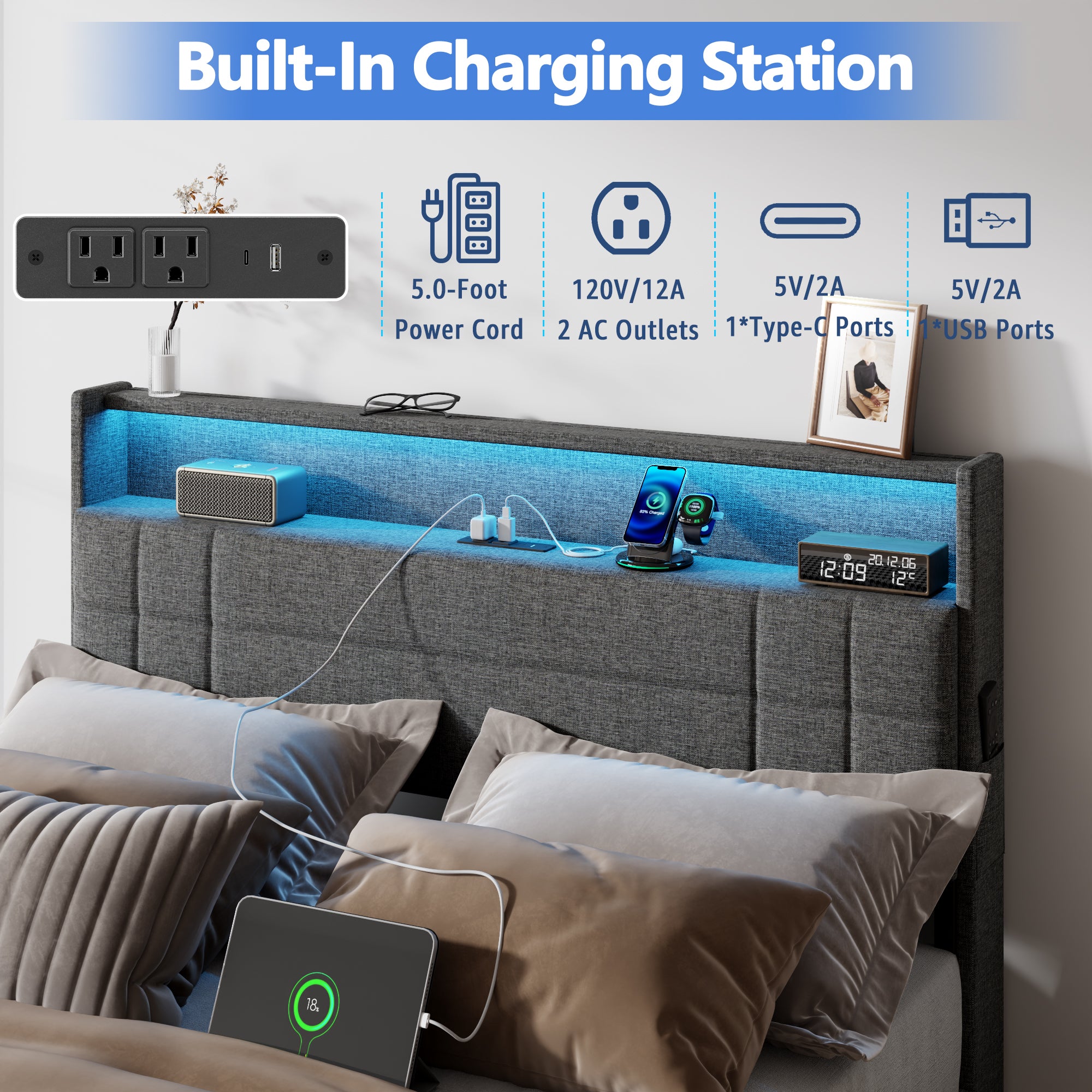 Gray Full Size Upholstered Bed Frame 4 Storage Drawers LED Lights Charging Station Headboard Heavy Duty Platform No Box Spring Needed