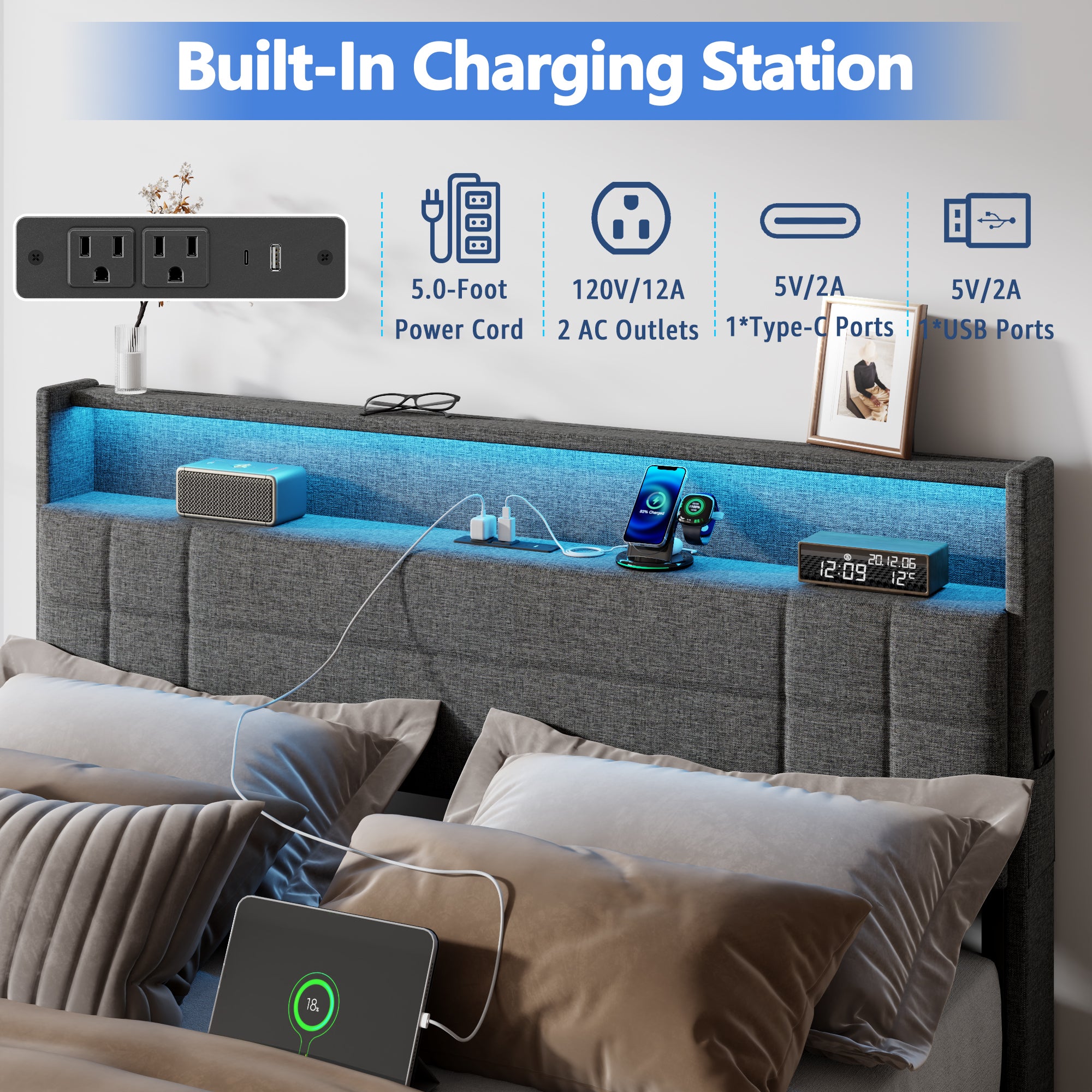 Furnulem Queen Bed Frame with Headboard Grey Upholstered Platform Bed with 4 Storage Drawers Built-in LED Lights Charging Station Metal Slats Support