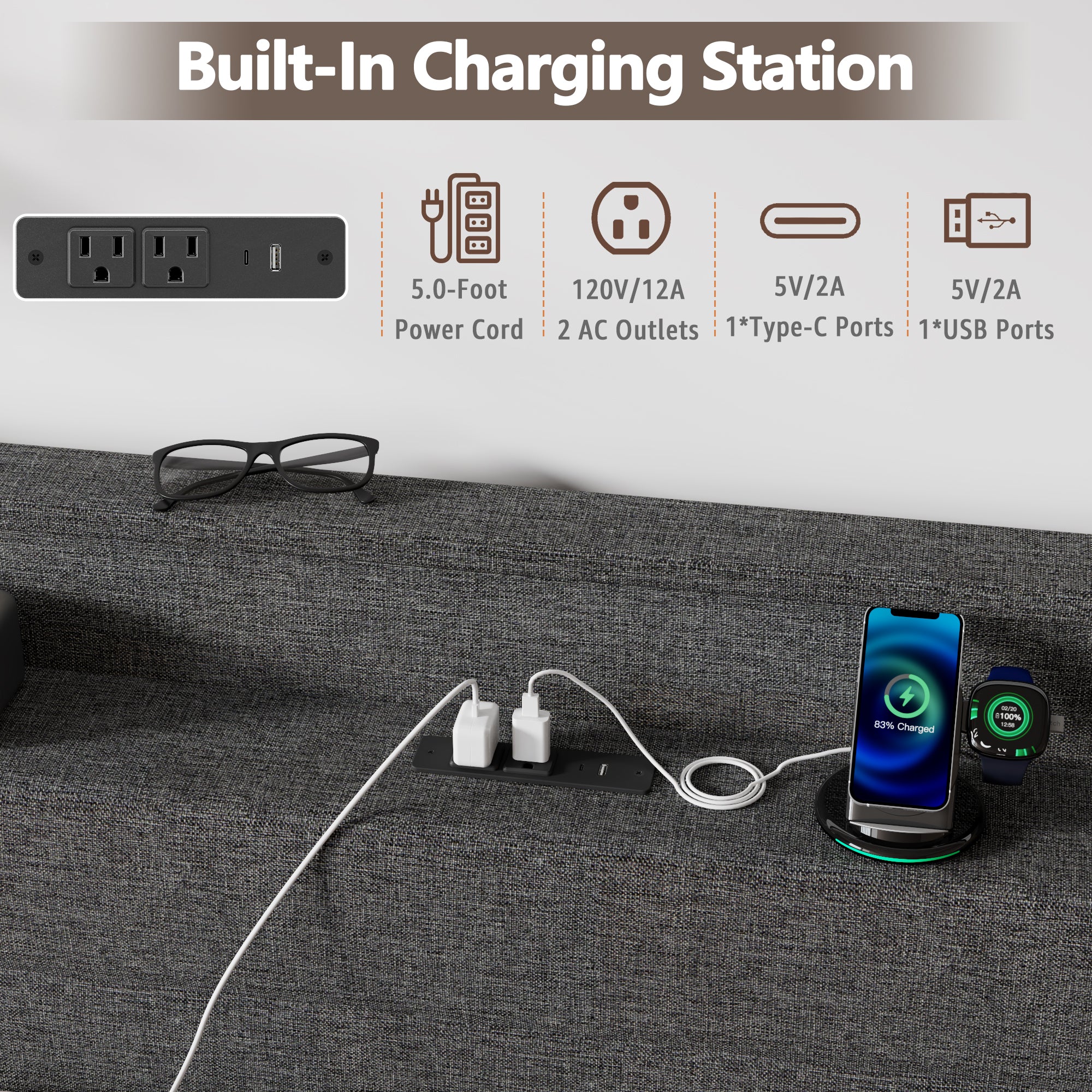 Modern Queen Bed Frame with Charging Station LED Lights 4 Storage Drawers Gray Upholstered Headboard Metal Slats No Box Spring Needed
