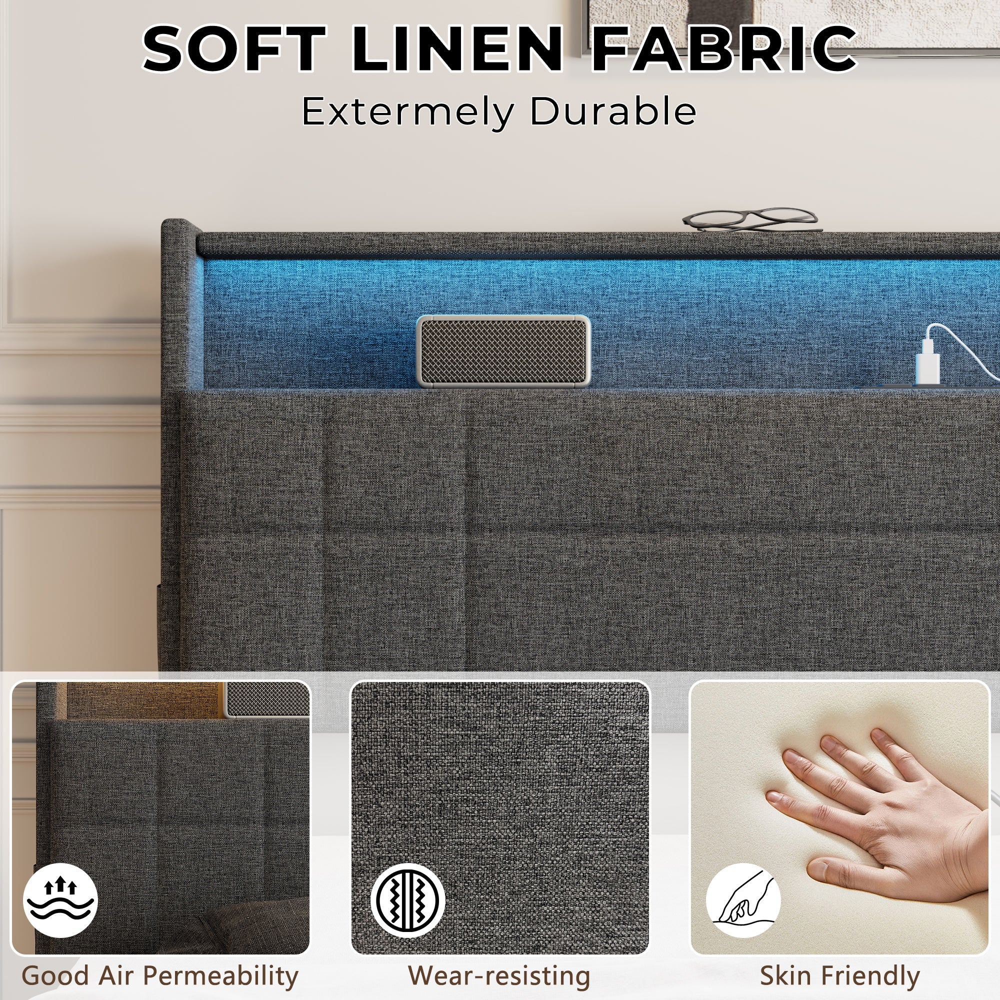 Furnulem Queen Bed Frame with Headboard Grey Upholstered Platform Bed with 4 Storage Drawers Built-in LED Lights Charging Station Metal Slats Support