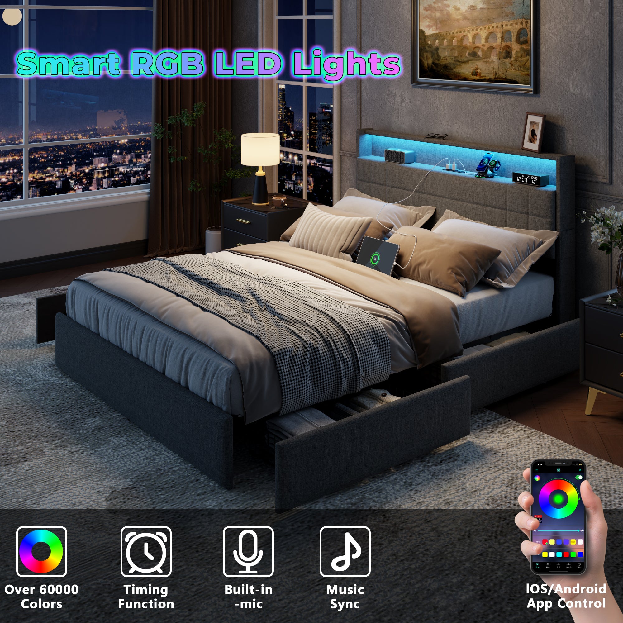 Furnulem Queen Bed Frame with Headboard Grey Upholstered Platform Bed with 4 Storage Drawers Built-in LED Lights Charging Station Metal Slats Support