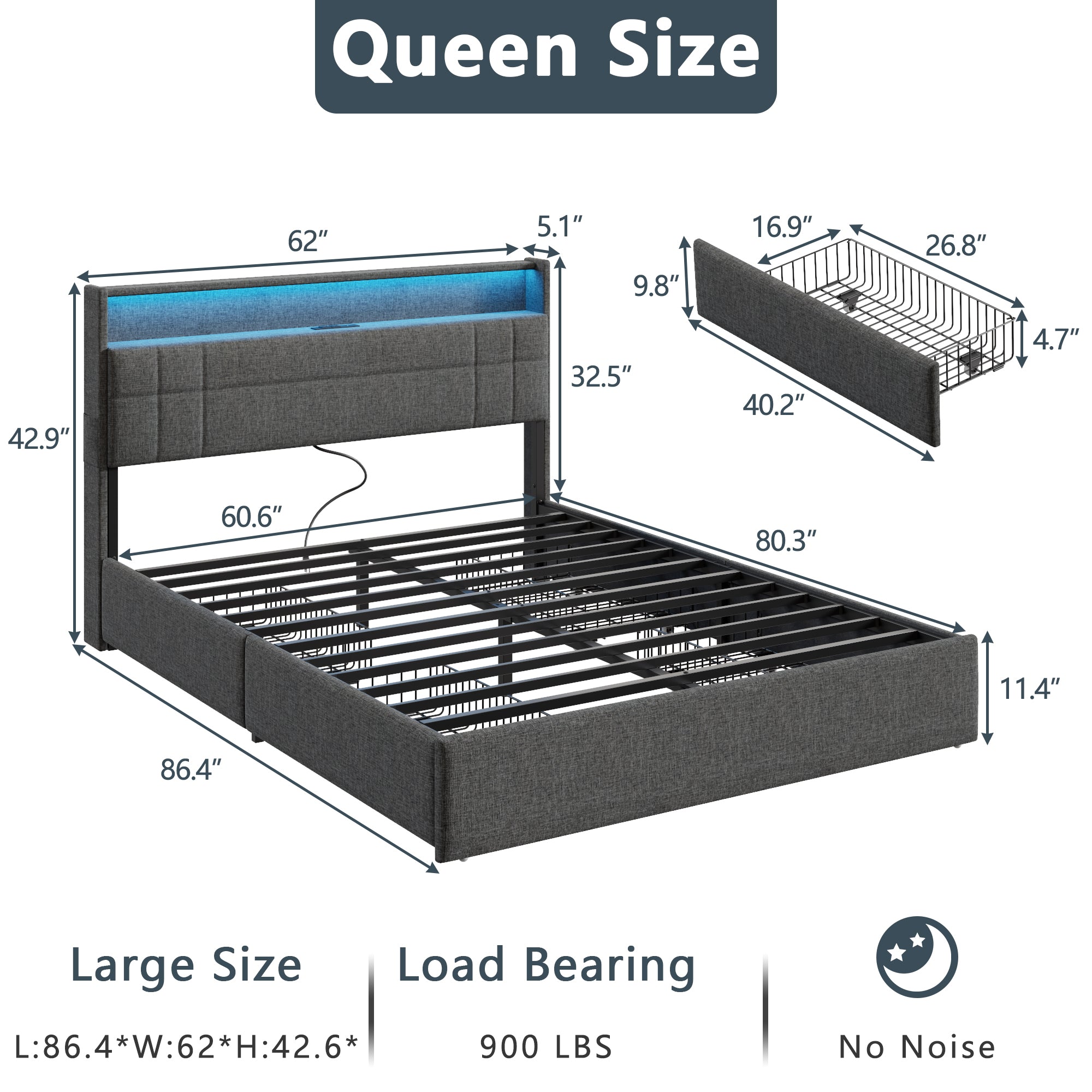 Queen Size Bed Frame with Headboard Grey Upholstered Platform Bed with 4 Storage Drawers Built-in LED Lights Charging Station Metal Slats Support