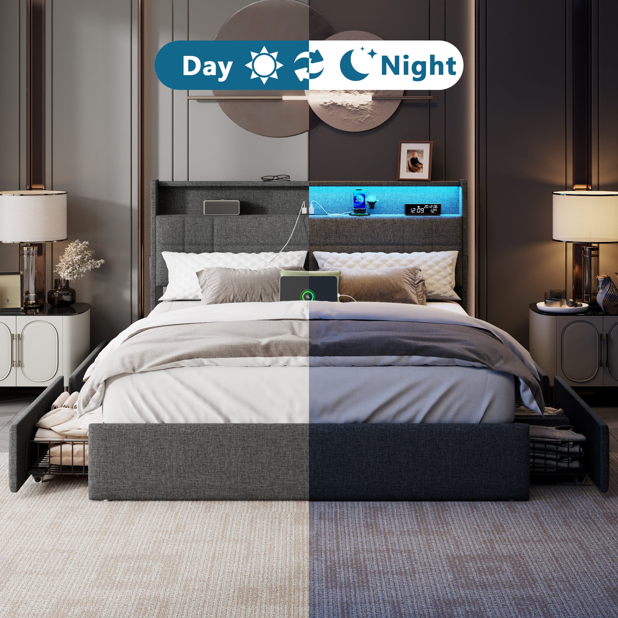 Furnulem Queen Bed Frame with Headboard Grey Upholstered Platform Bed with 4 Storage Drawers Built-in LED Lights Charging Station Metal Slats Support