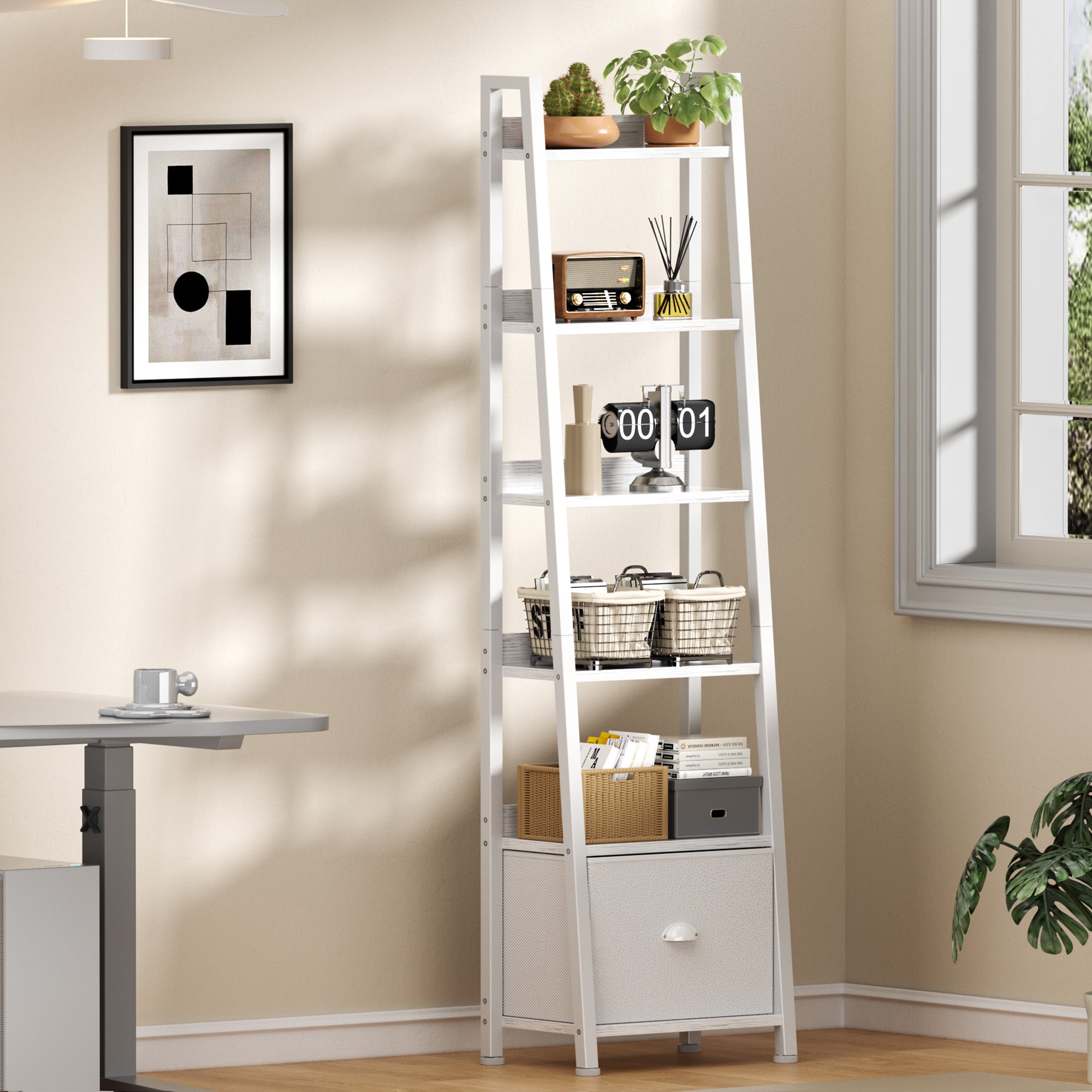 Qwatto White 6 Tier Ladder Bookshelf with Drawer Tall Industrial Wood Metal Freestanding Storage Rack Etagere Display Bookcase for Home Office Rooms