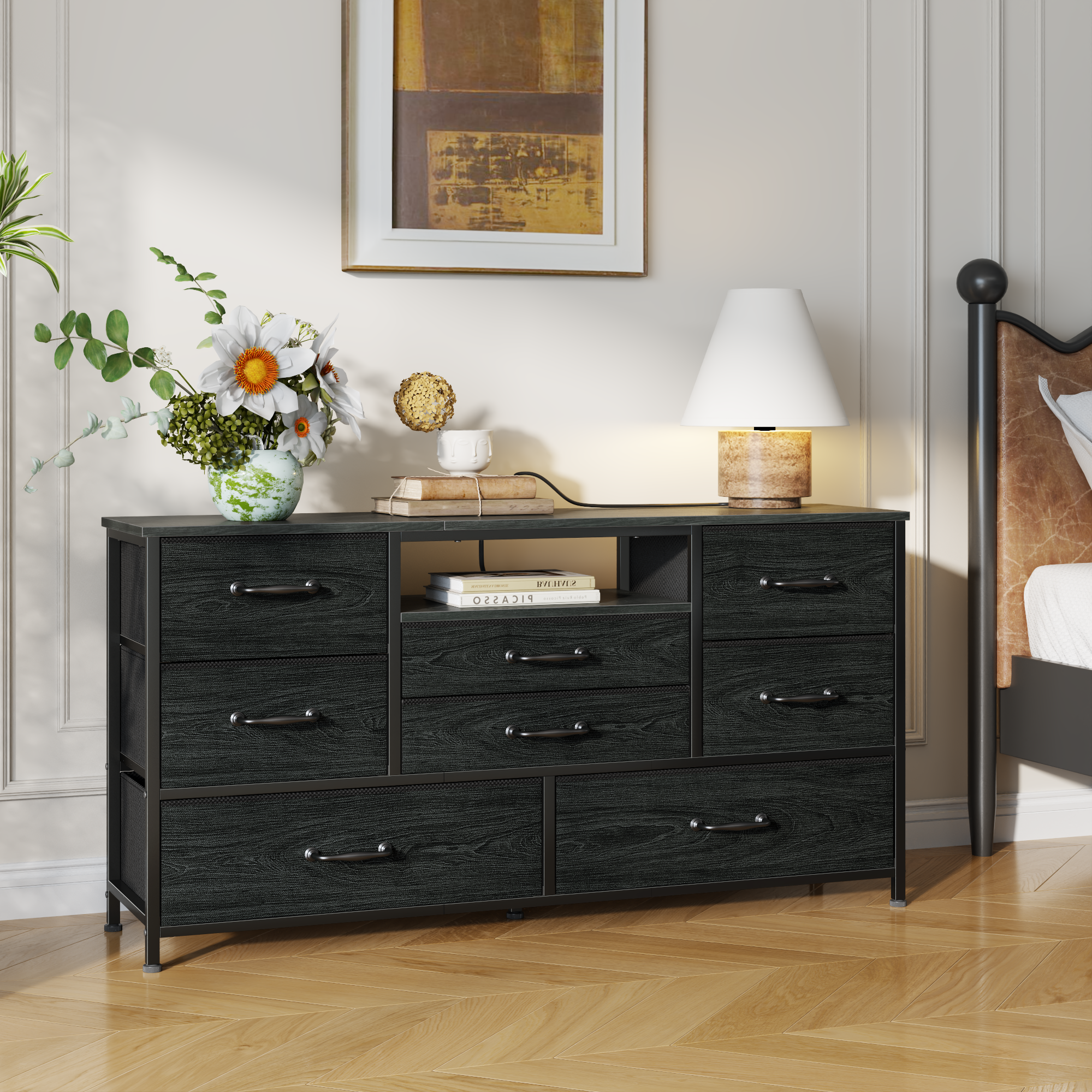 Black 50 inch TV Stand with 8 Drawer Dresser Charging Station for Bedroom Fabric Storage Tower Chest Wood Shelves Media Console Organizer Home Unit