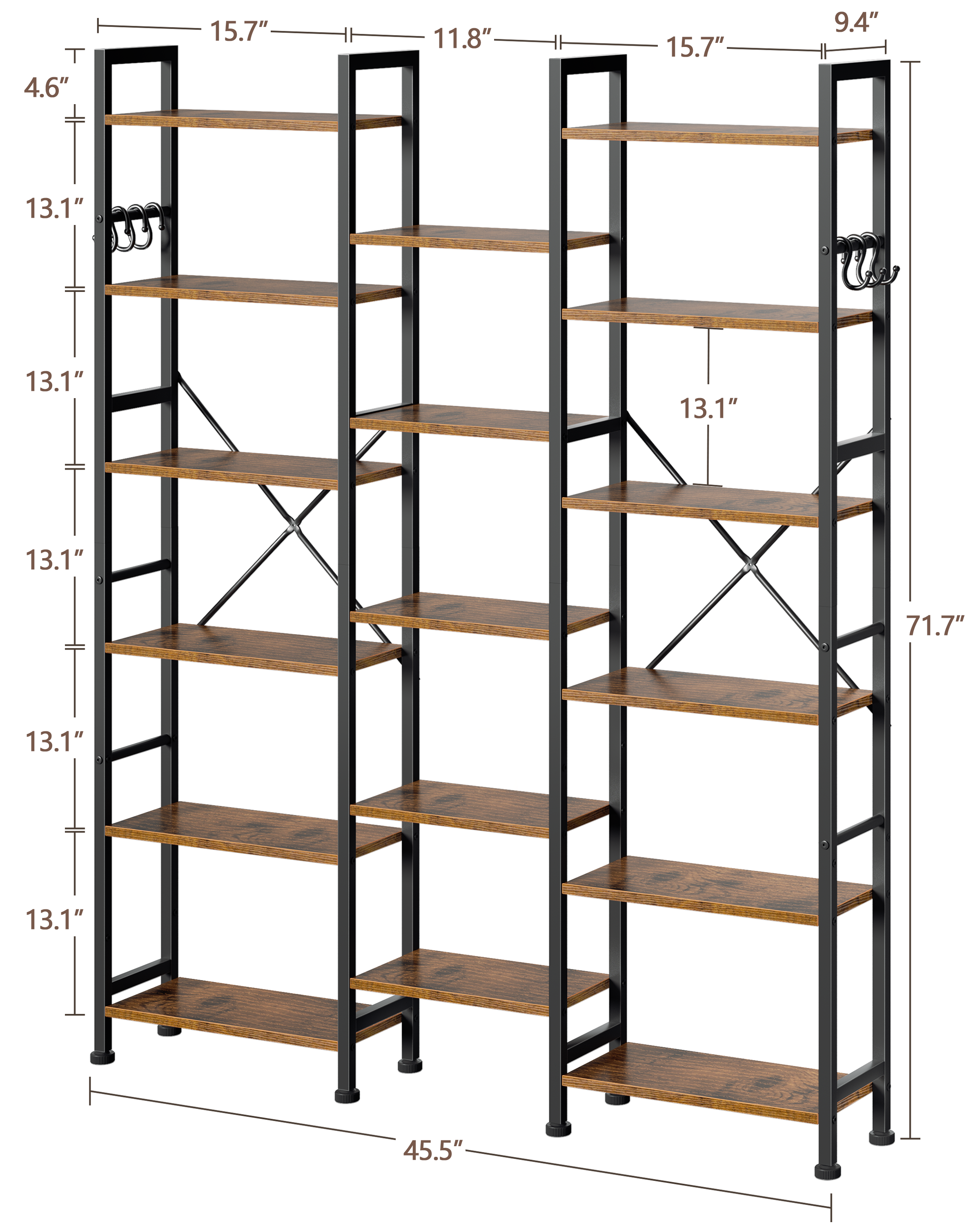 Qwatto Brown 6 Tier Bookshelf 17 Open Display Shelves Wood Metal Storage Organizer Industrial Wide Shelving Unit Freestanding Etagere in Home Office