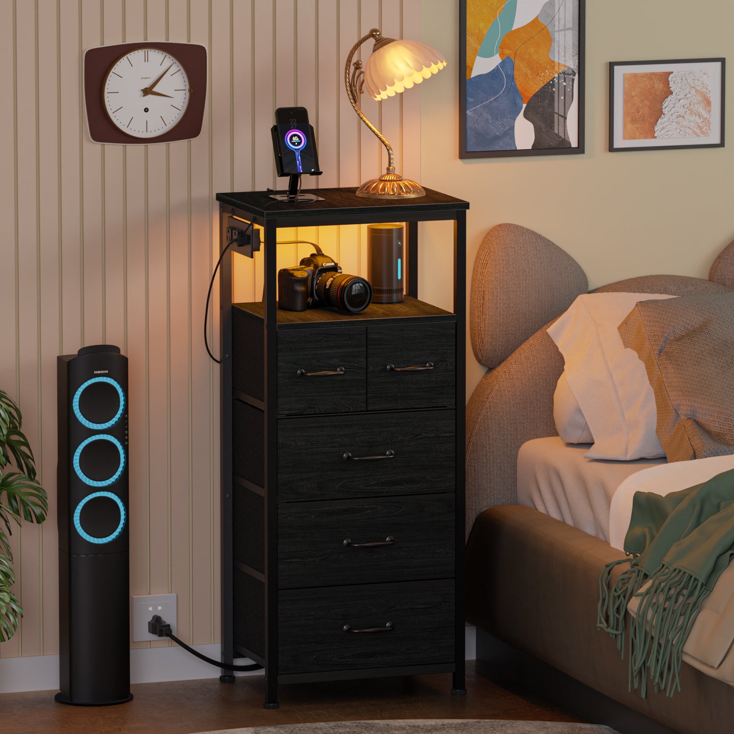 Furnulem Tall LED Dresser with Charging Station and 5 Drawers