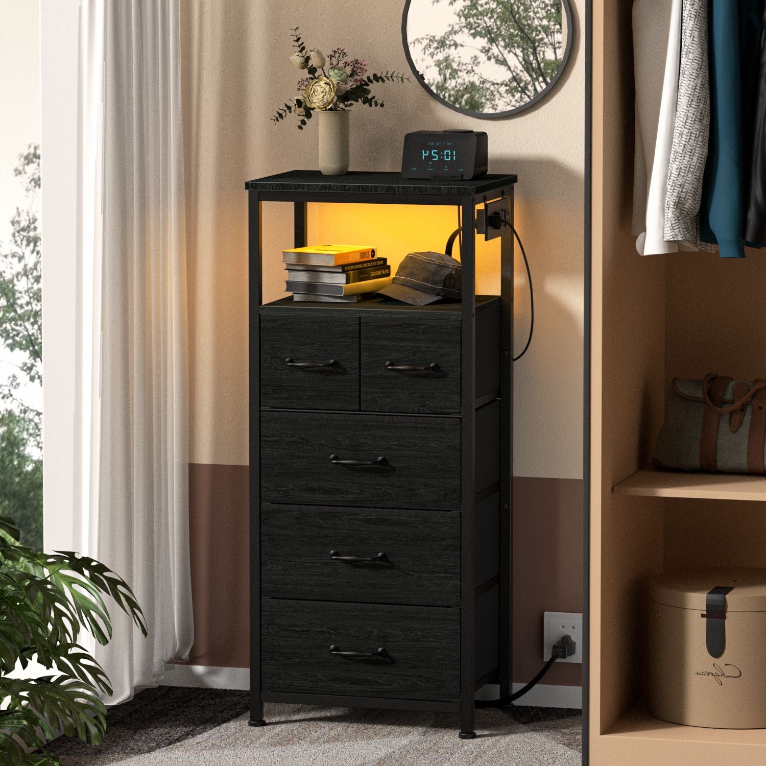 Furnulem Tall LED Dresser with Charging Station and 5 Drawers