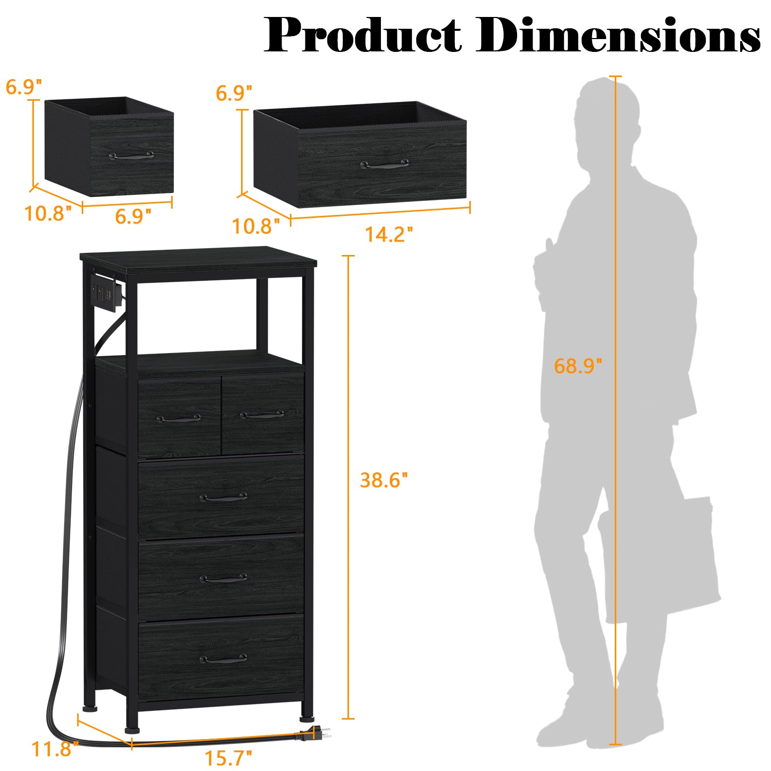 Furnulem Tall LED Dresser with Charging Station and 5 Drawers