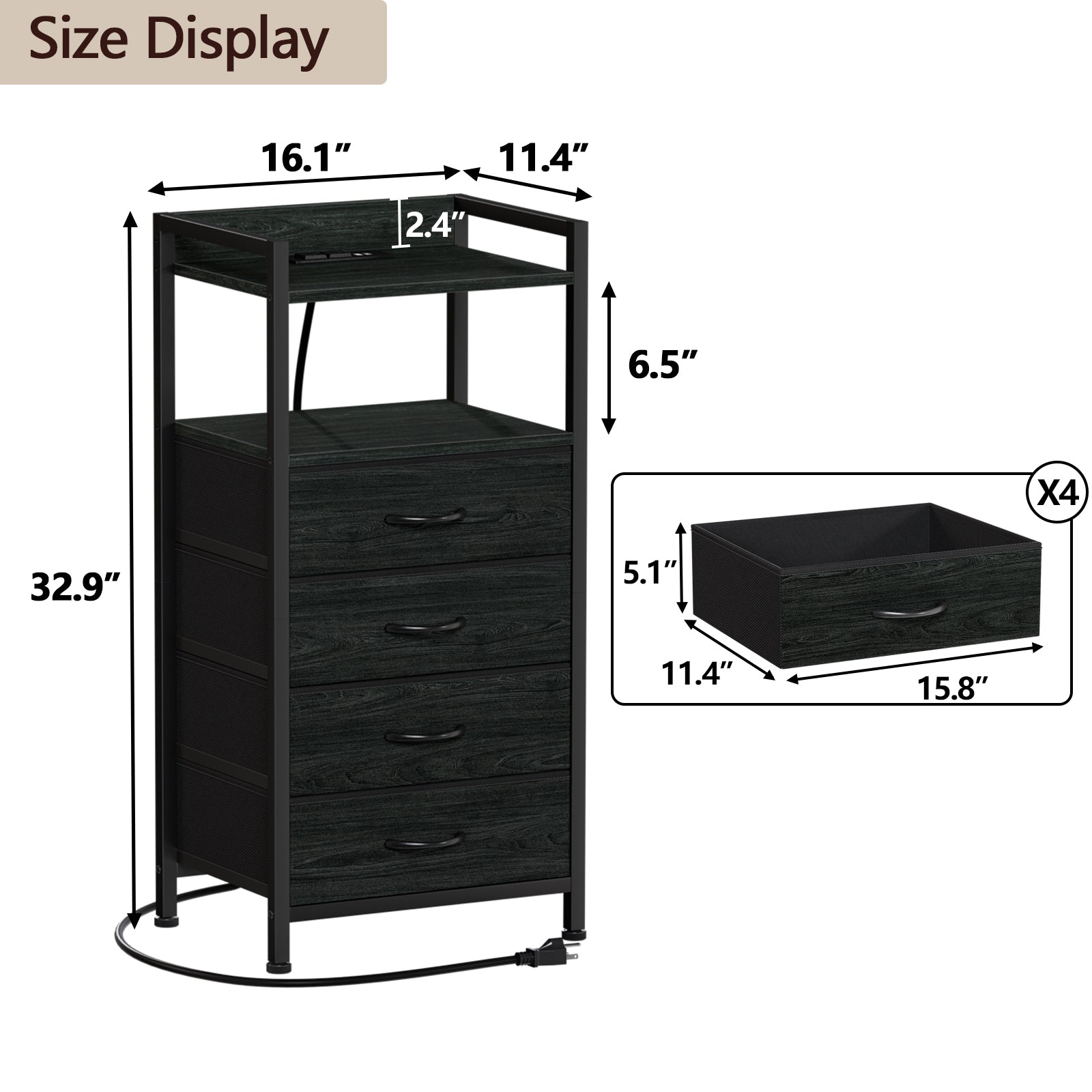 Furnulem 4 Drawer Nightstand with Charging Station