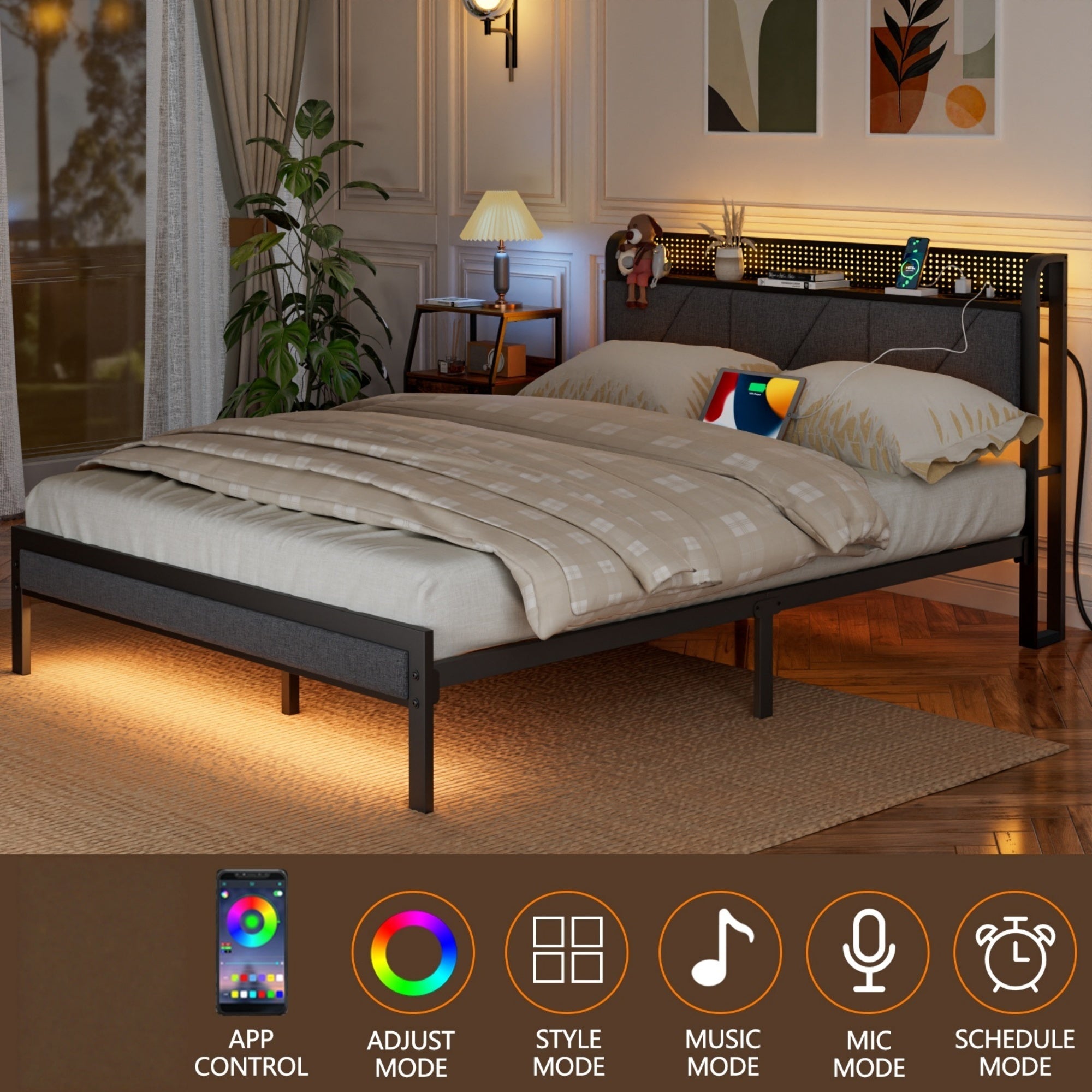 Furnulem Bed Frame with LED Lights,Headboard with Charging Station and USB Port,Upholstered Platform Bedframe Metal Support,No Box Spring Needed