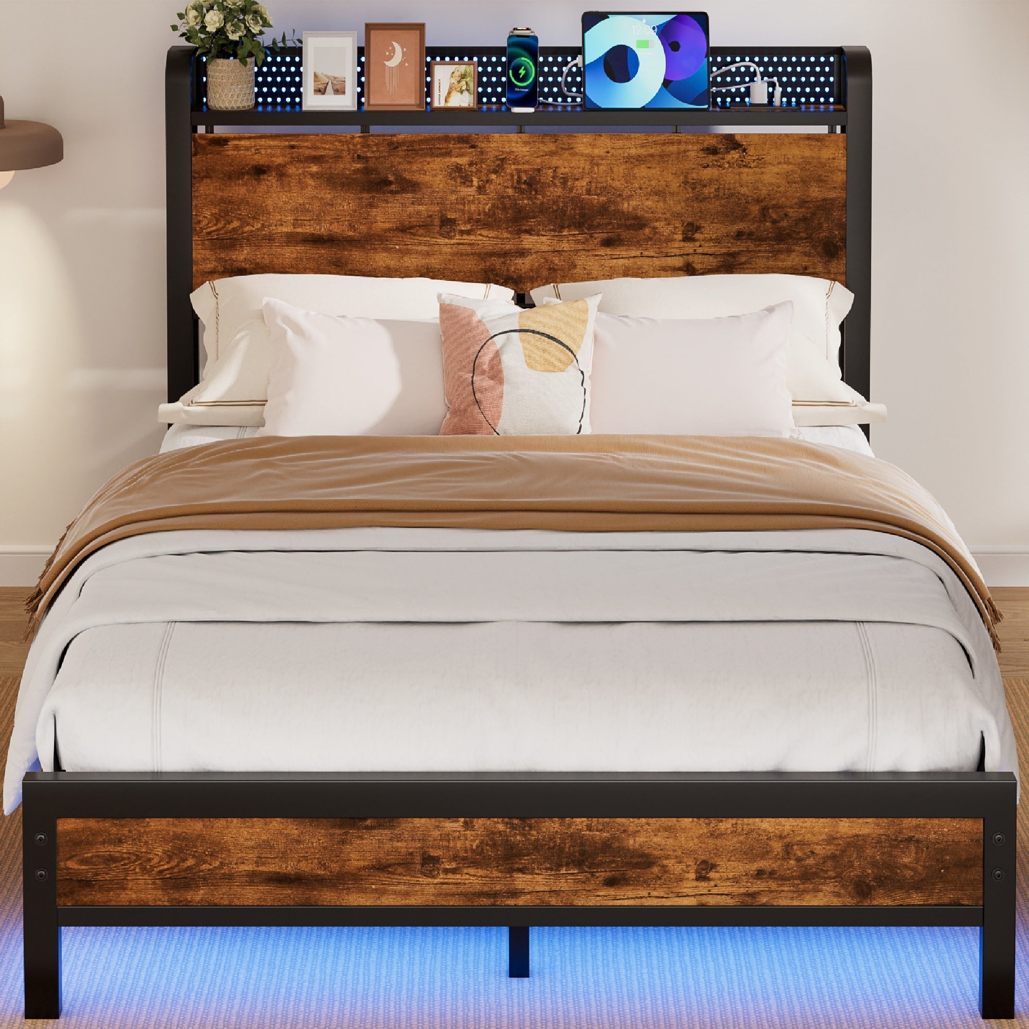 Furnulem Bed Frame with Charging Station and LED Lights,Industrial Platform Beds Queen Size with Storage Headboard,USB Port,Rustic Wood and Strong Metal Support,No Box Spring Needed, Noise Free