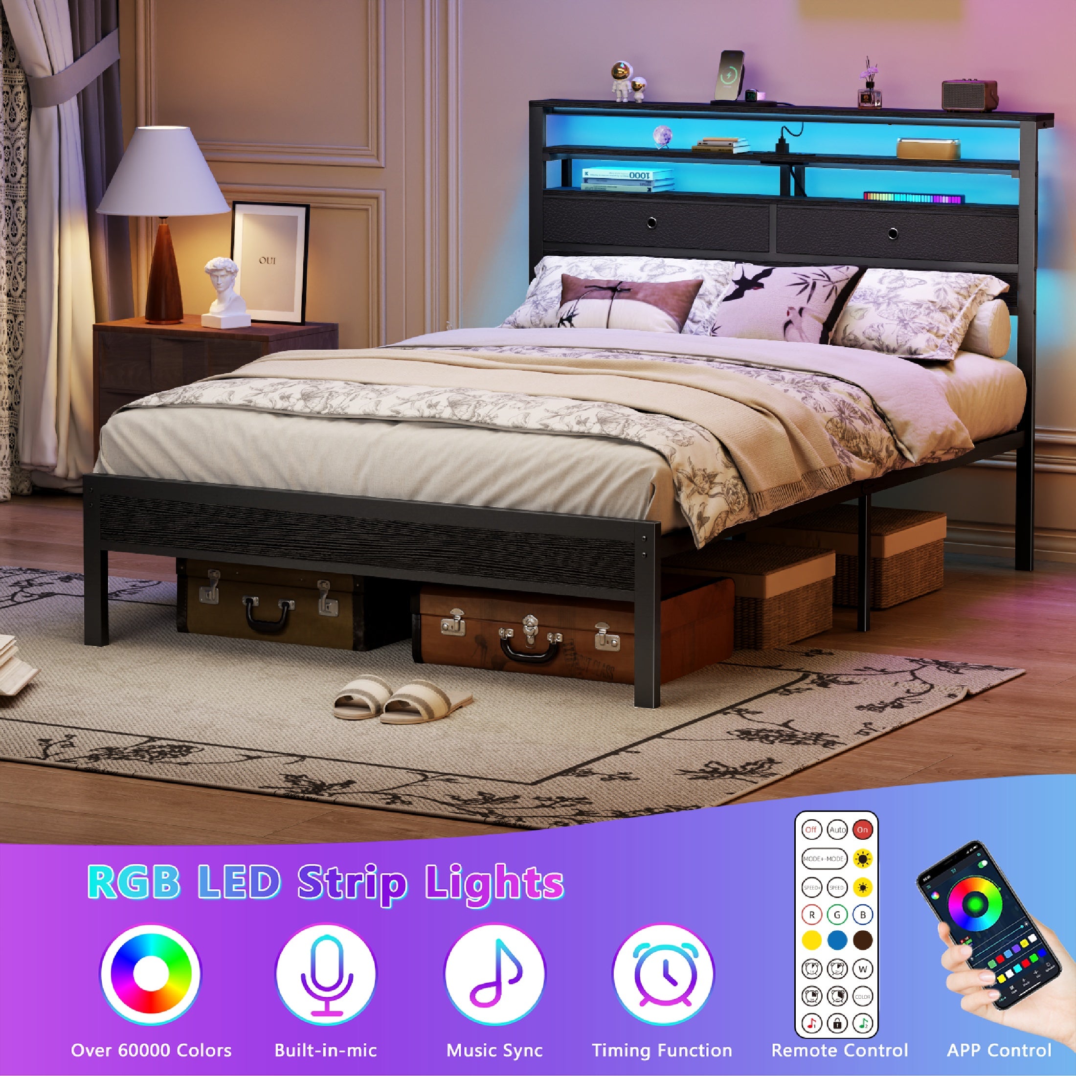 Furnulem Bed Frames with Charging Station and LED Lights, Wood Headboard with 2 Fabric Drawers and Storage Shelves