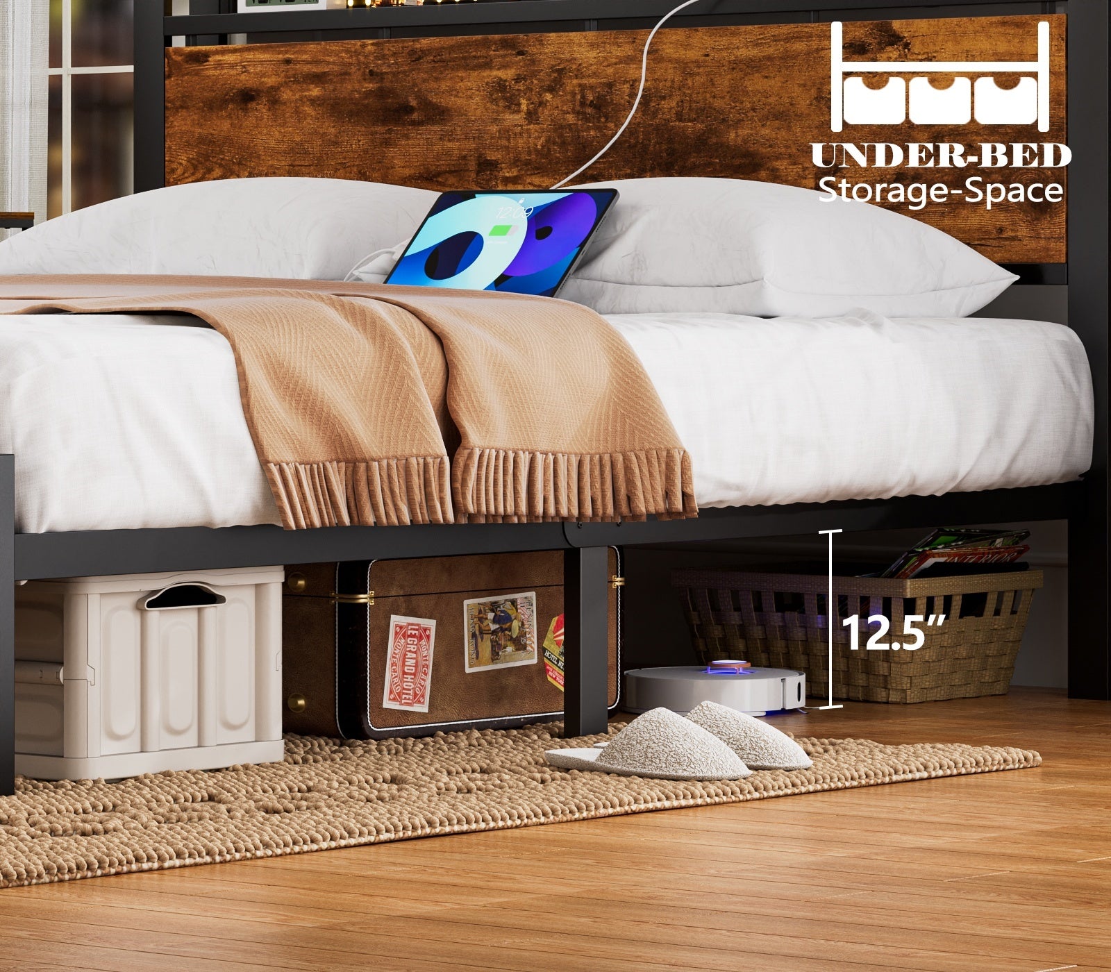 Furnulem Bed Frame with Charging Station and LED Lights,Industrial Platform Beds Queen Size with Storage Headboard,USB Port,Rustic Wood and Strong Metal Support,No Box Spring Needed, Noise Free