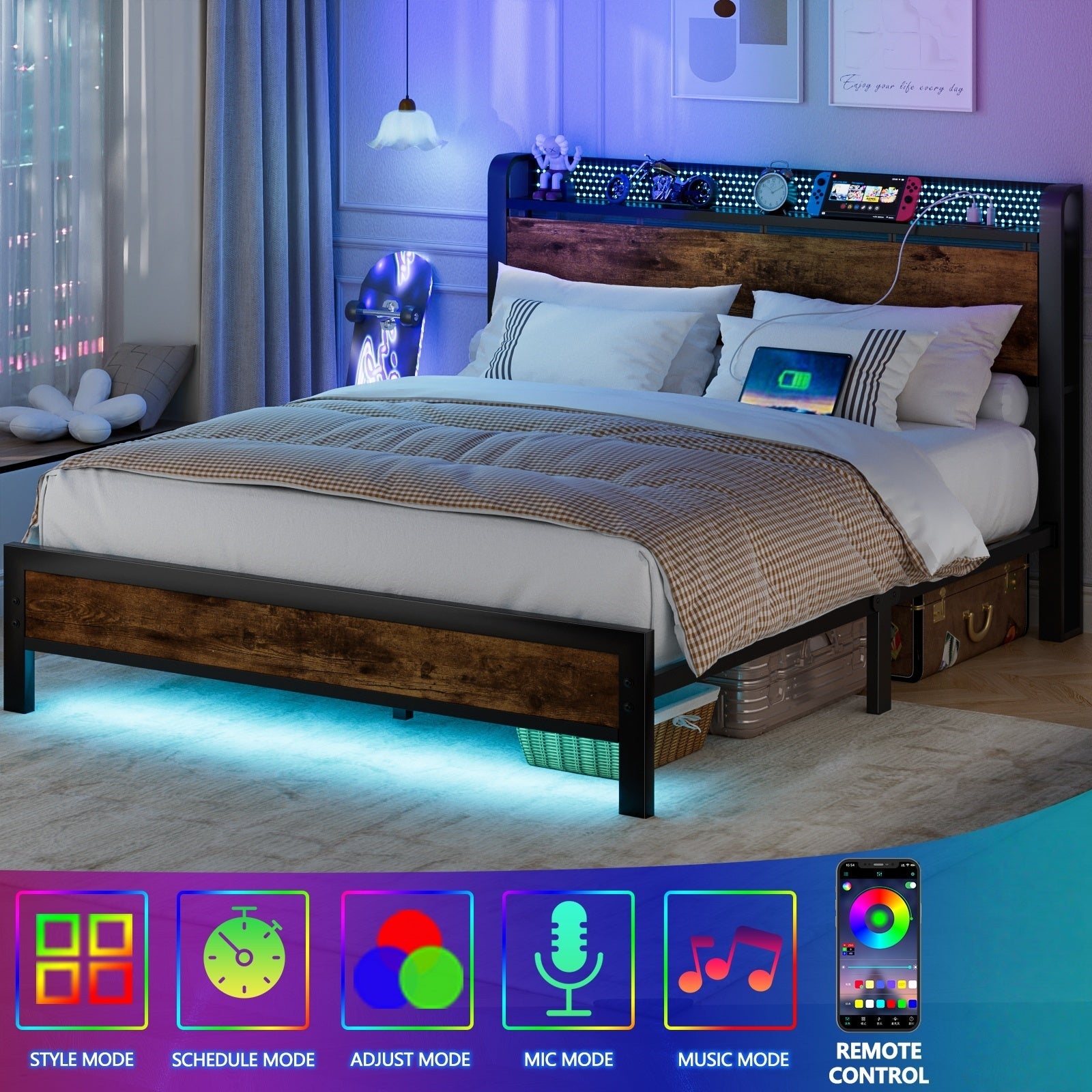 Furnulem Bed Frame with Charging Station and LED Lights,Industrial Platform Beds Queen Size with Storage Headboard,USB Port,Rustic Wood and Strong Metal Support,No Box Spring Needed, Noise Free